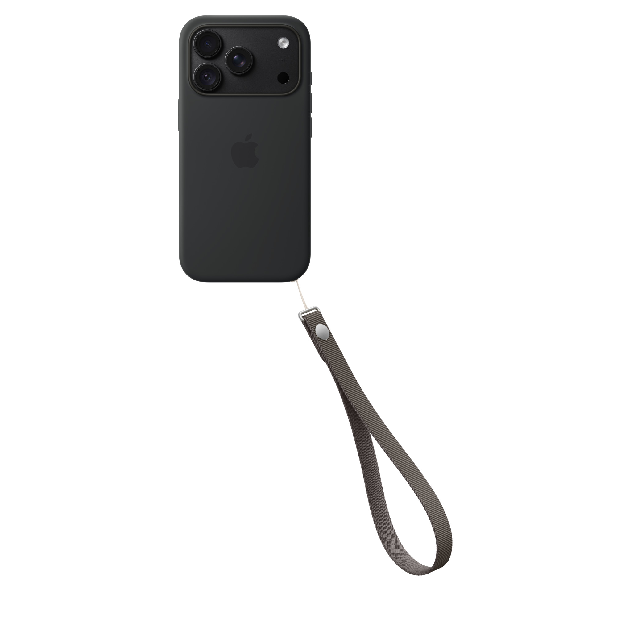Ein schwarzes Smartphone in einer schwarzen Hülle mit grauer Handschlaufe vor weißem Hintergrund.