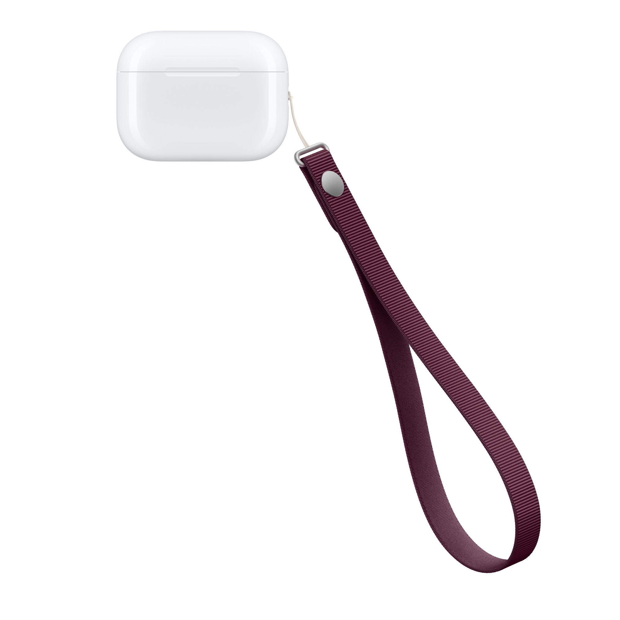 Ein weißes AirPods Pro Ladecase mit einer weinroten Handschlaufe auf weißem Hintergrund.