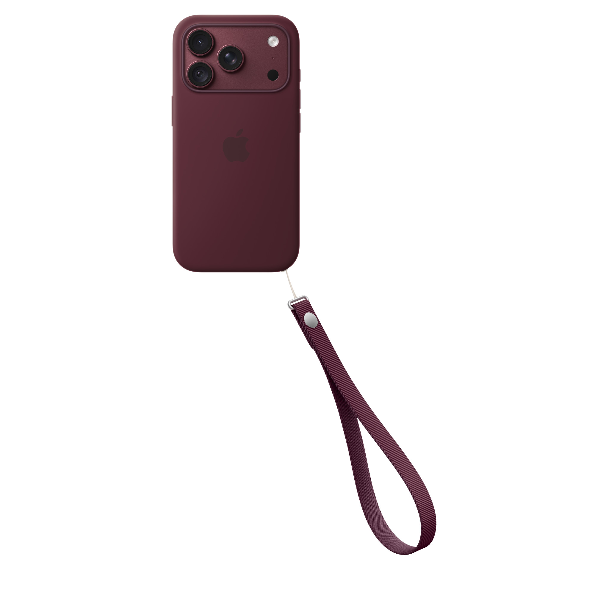 Ein bordeauxrotes Smartphone in passender Hülle mit drei Rückkameras und Handschlaufe.