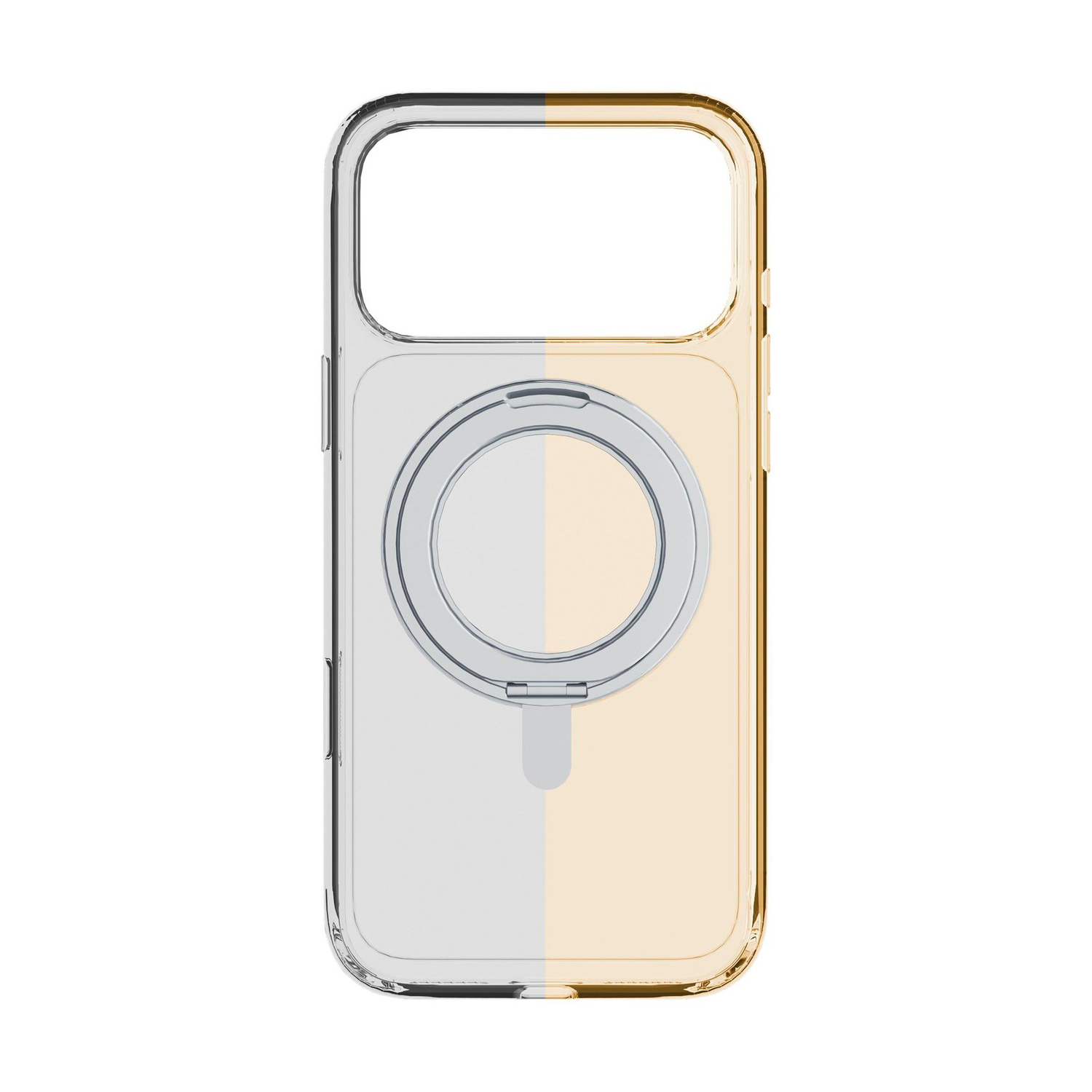 Una custodia trasparente per telefono con un anello MagSafe circolare sul retro, divisa verticalmente tra toni argento e oro.
