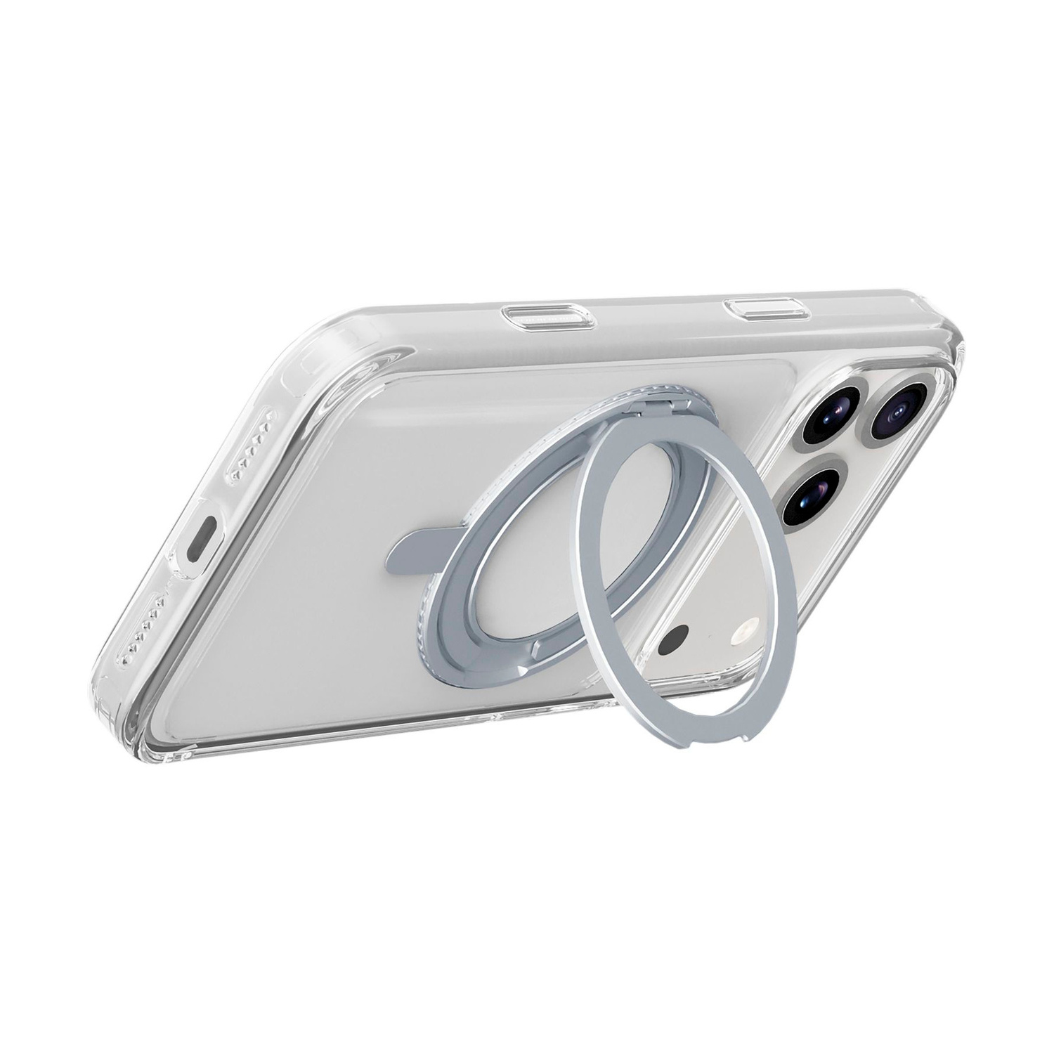 Custodia per smartphone trasparente con supporto ad anello argentato sul retro.