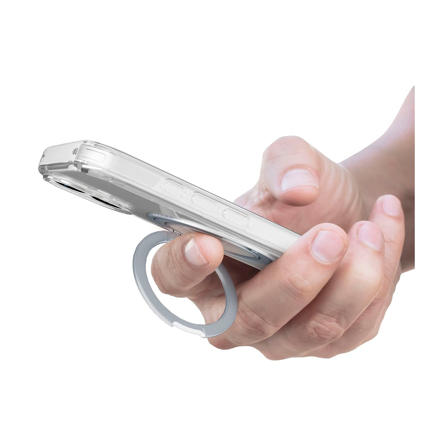 Una mano regge uno smartphone con custodia trasparente e supporto ad anello argentato.