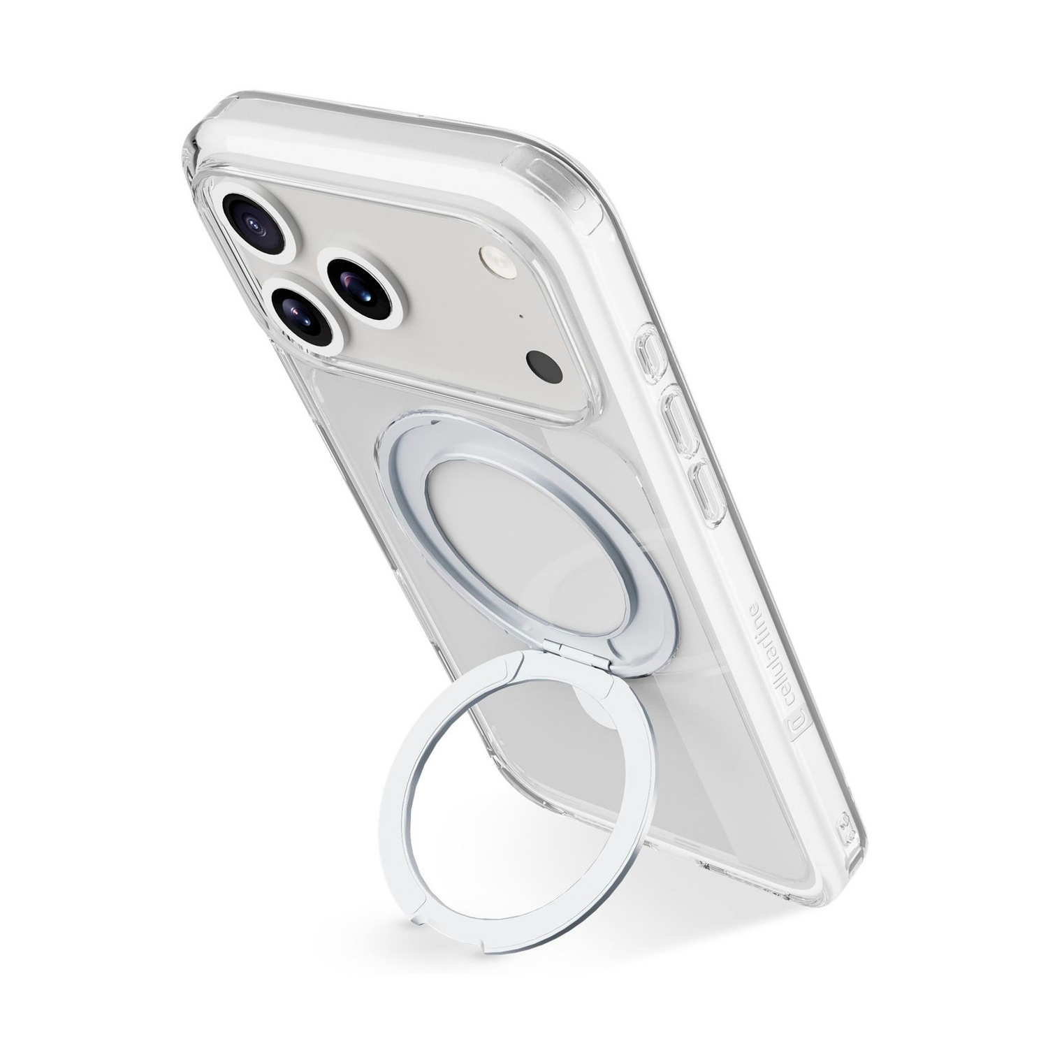 Una custodia trasparente per smartphone con supporto ad anello magnetico integrato sul retro, su sfondo bianco.