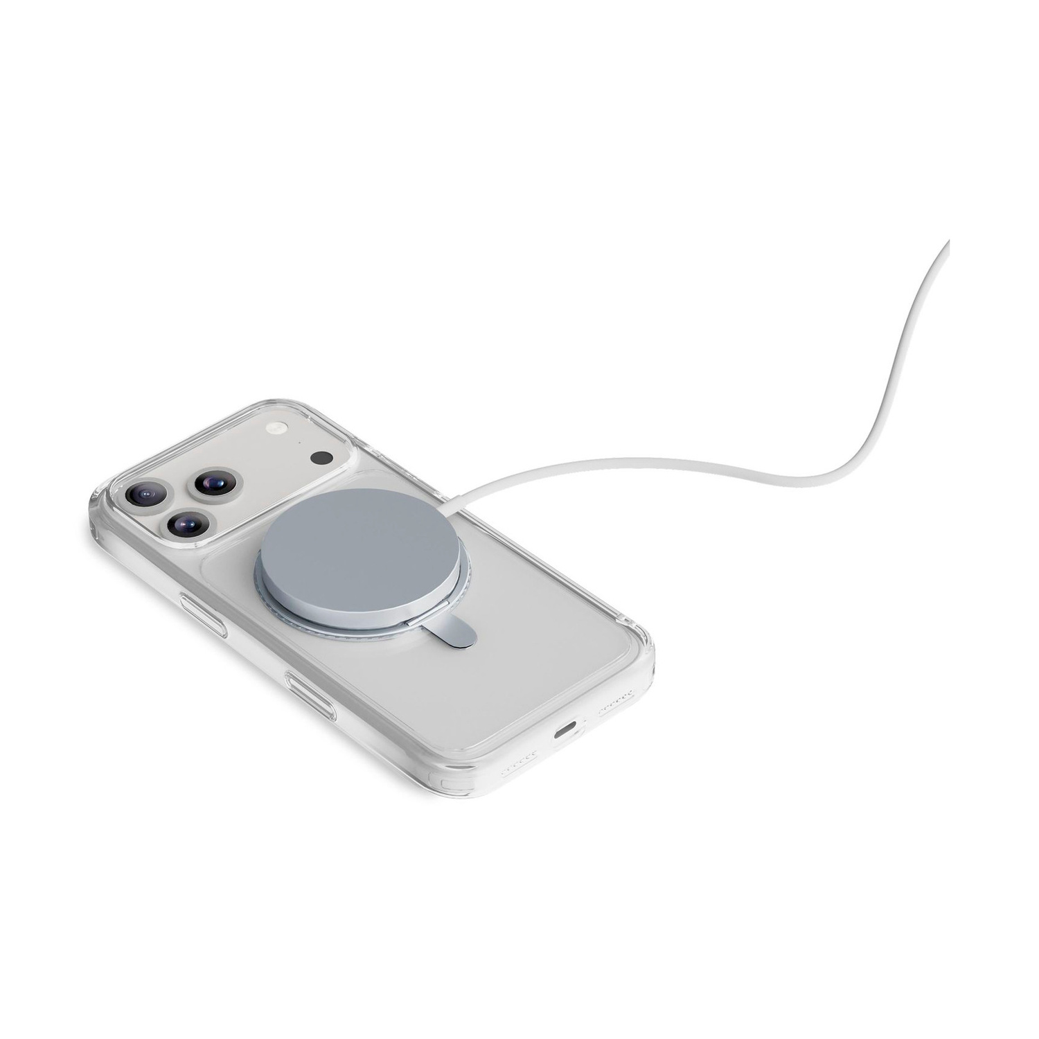 Uno smartphone in una cover trasparente con un caricatore MagSafe grigio rotondo sul retro e cavo bianco.