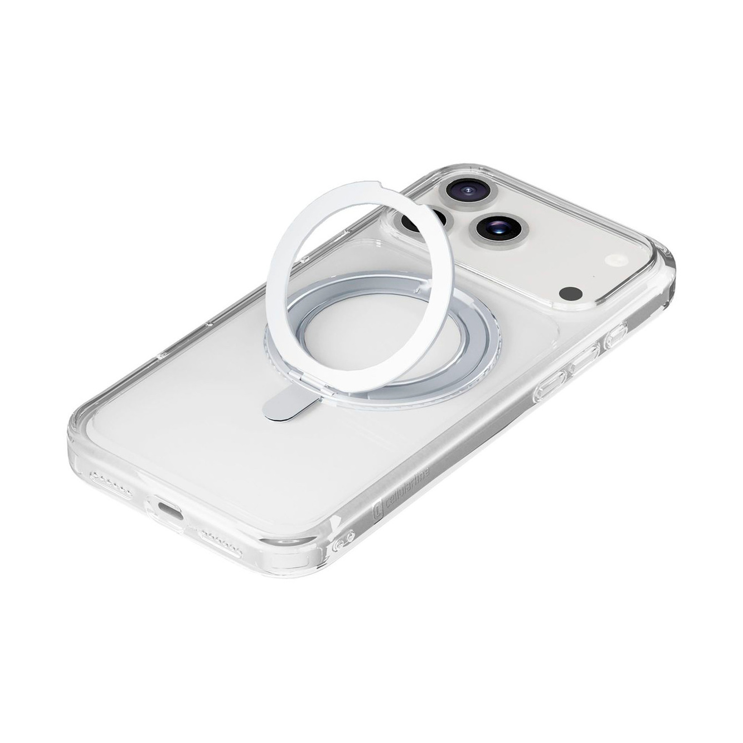 Uno smartphone in una custodia trasparente con un supporto ad anello bianco estraibile sul retro.