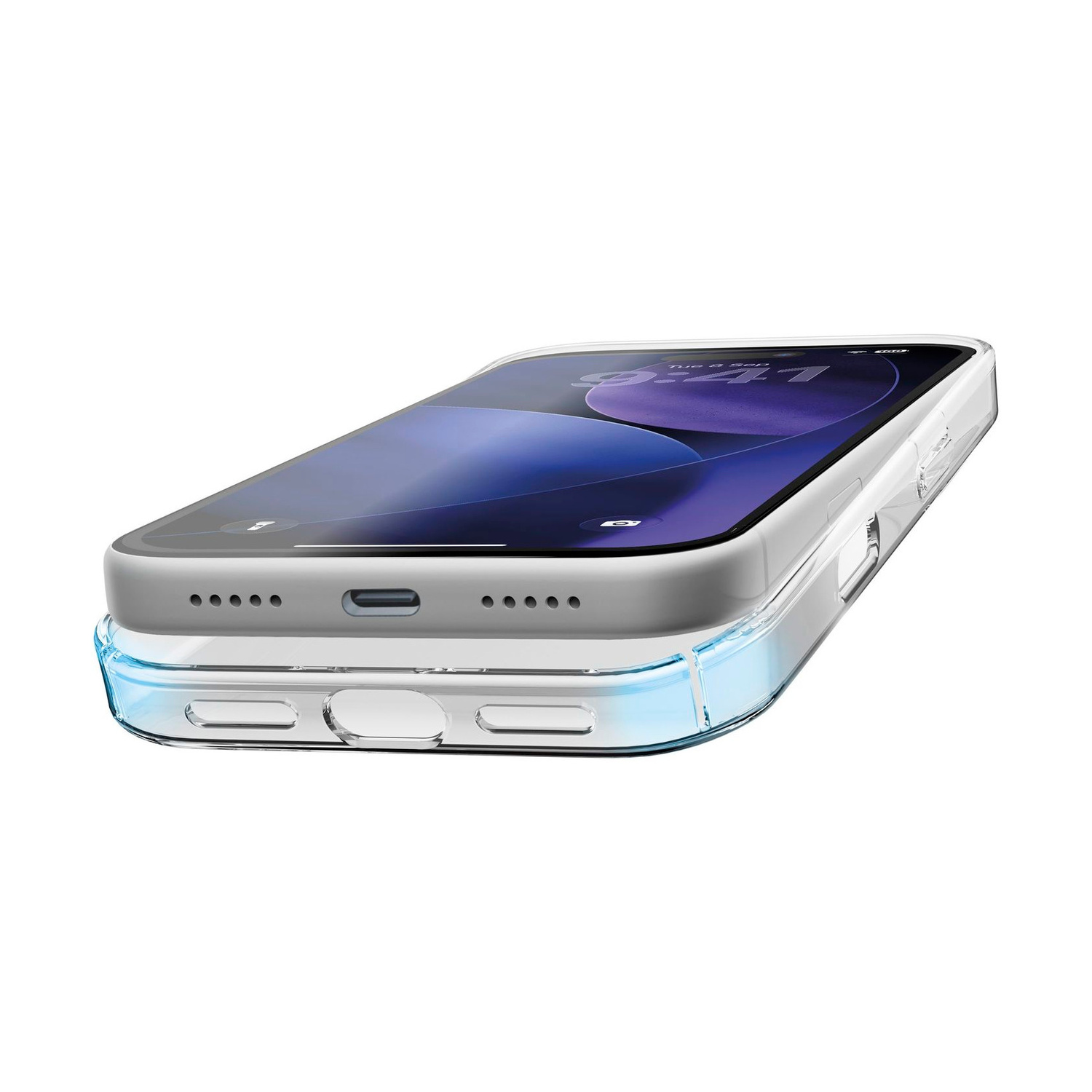 Uno smartphone in una custodia protettiva in plastica trasparente su sfondo bianco.