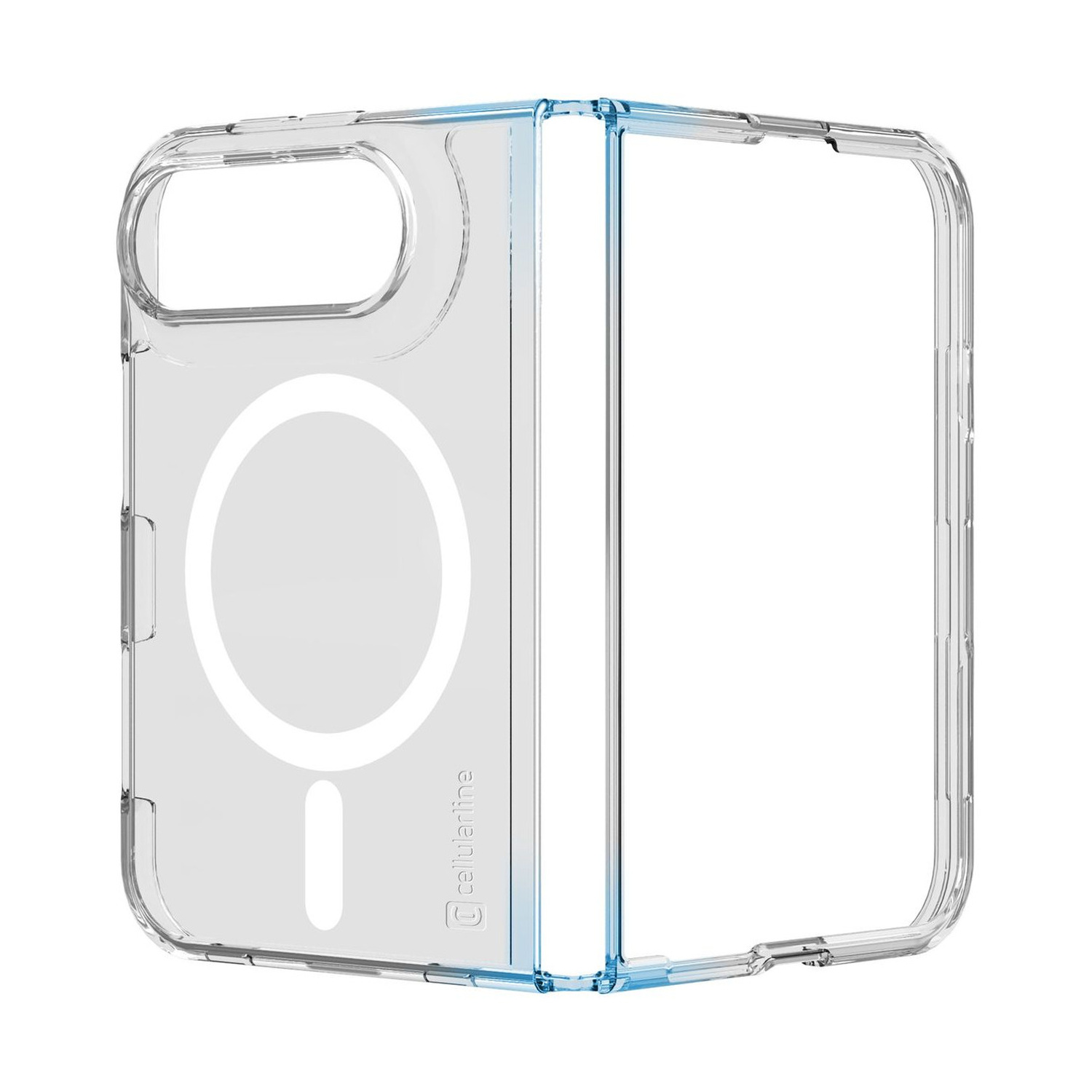 Custodia per telefono pieghevole trasparente con anello magnetico circolare integrato per la ricarica wireless.