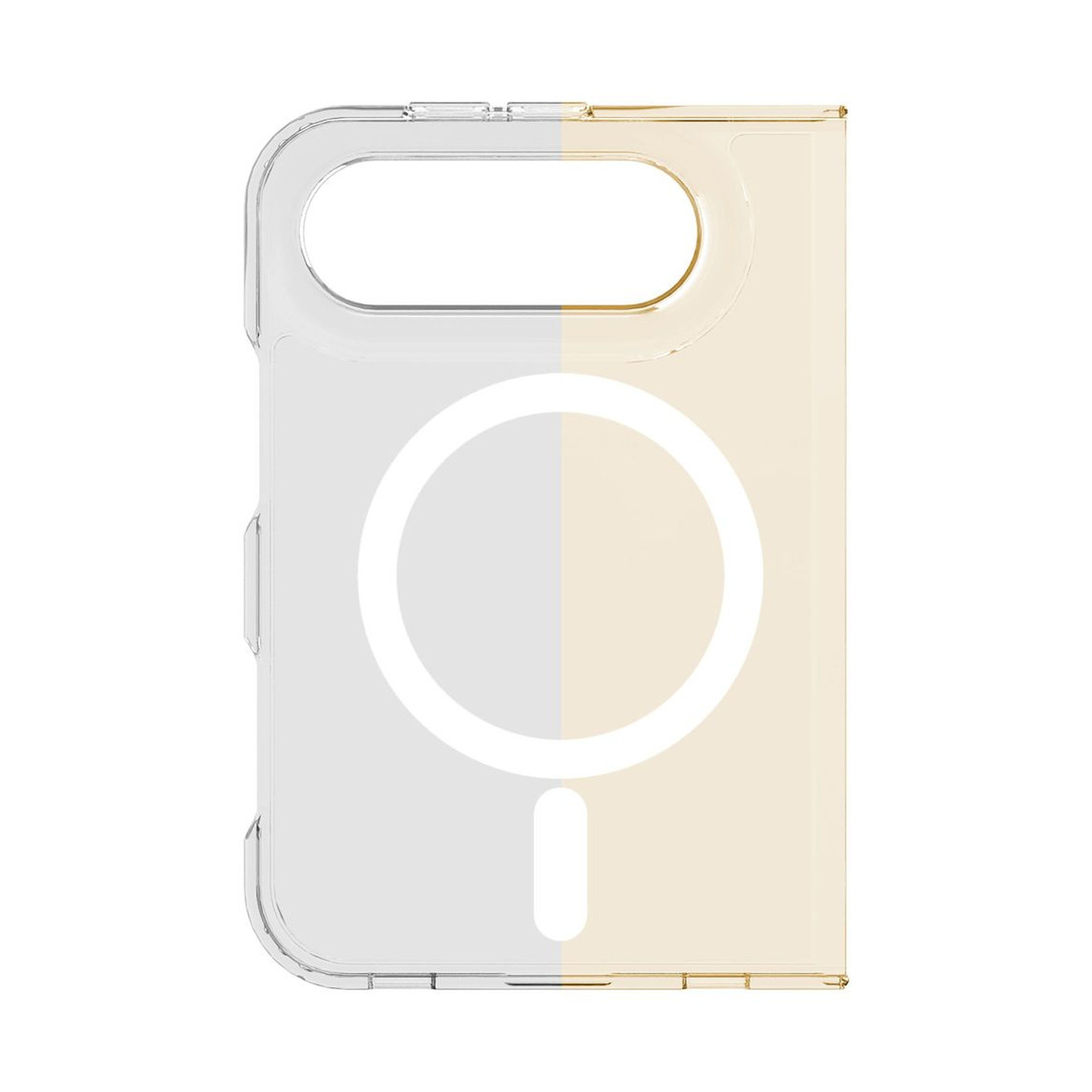 Custodia per telefono trasparente con anello di ricarica wireless bianco, divisa in metà trasparente e ingiallita.