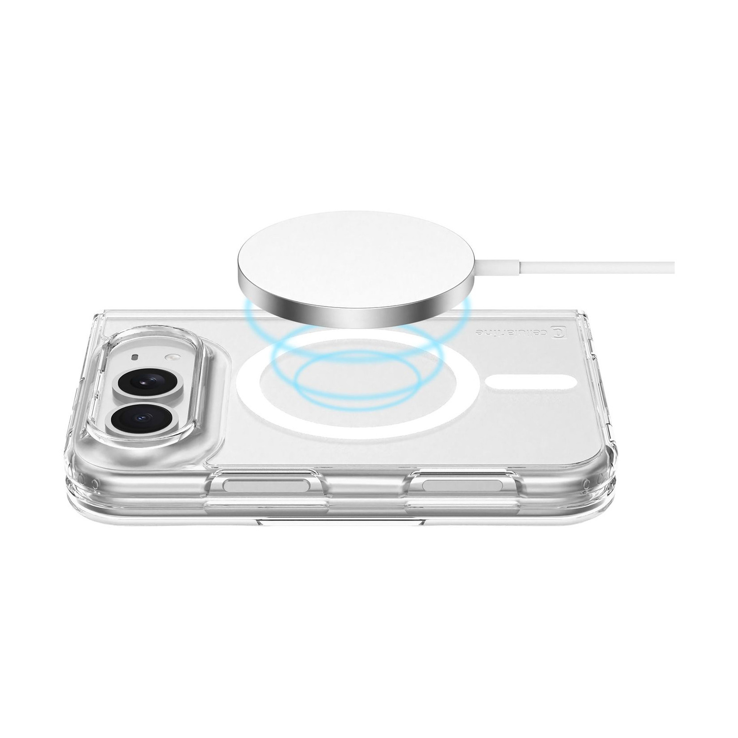 Una cover per telefono con caricatore MagSafe sopra, in ricarica wireless.