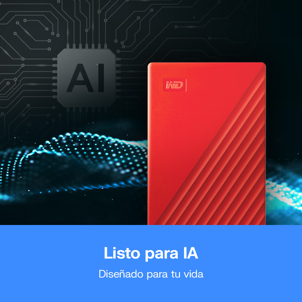 Un disco duro WD rojo sobre un fondo con un icono de IA y ondas de luz azul.