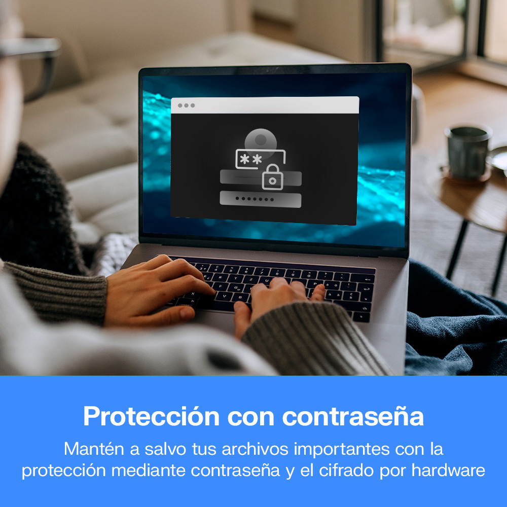 Una persona escribe en un portátil con pantalla de inicio de sesión y un banner azul abajo.