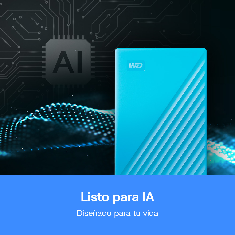 Disco duro azul WD frente a un microchip de IA y patrón digital.