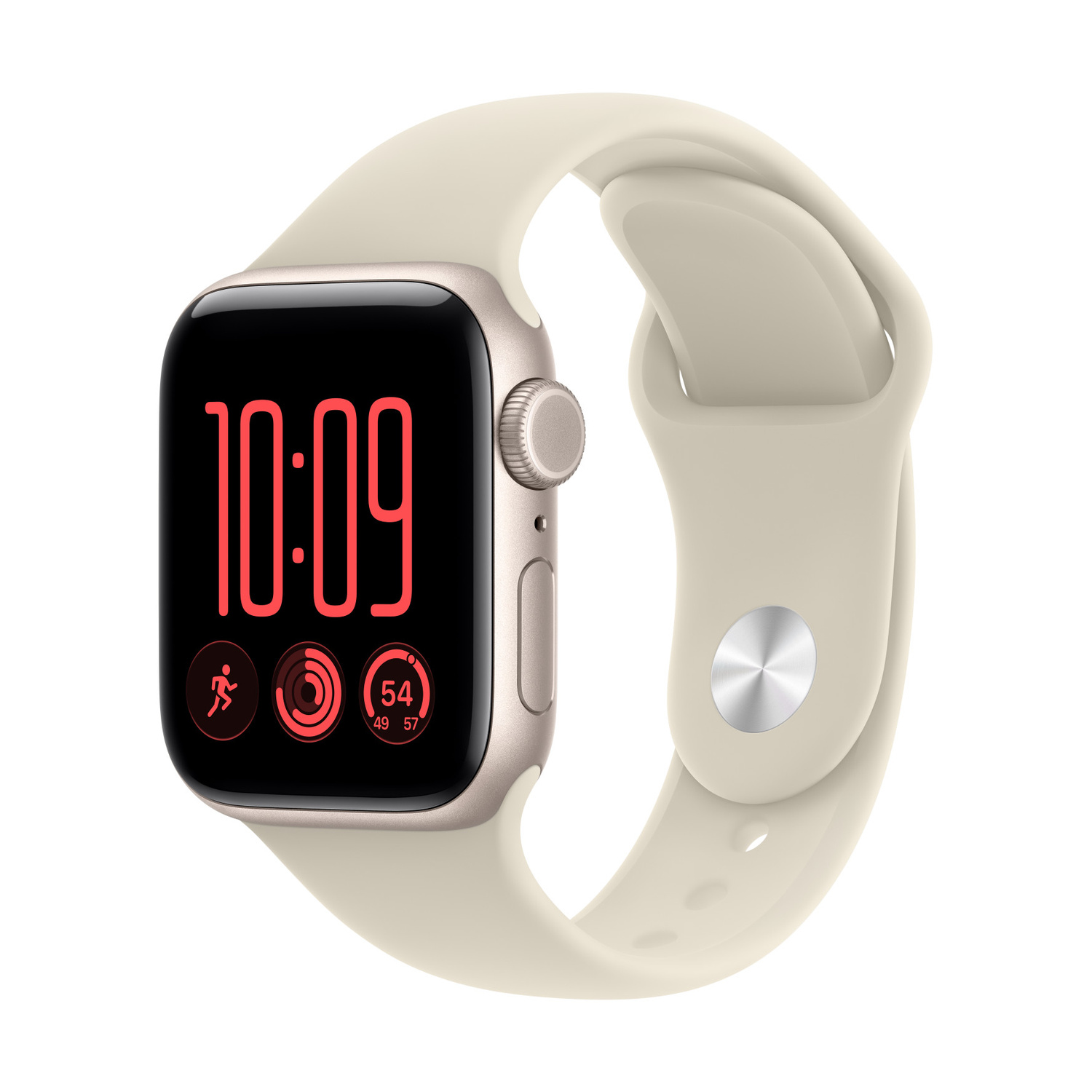 Uno smartwatch color crema con ora digitale e icone di attività su display nero su sfondo bianco.