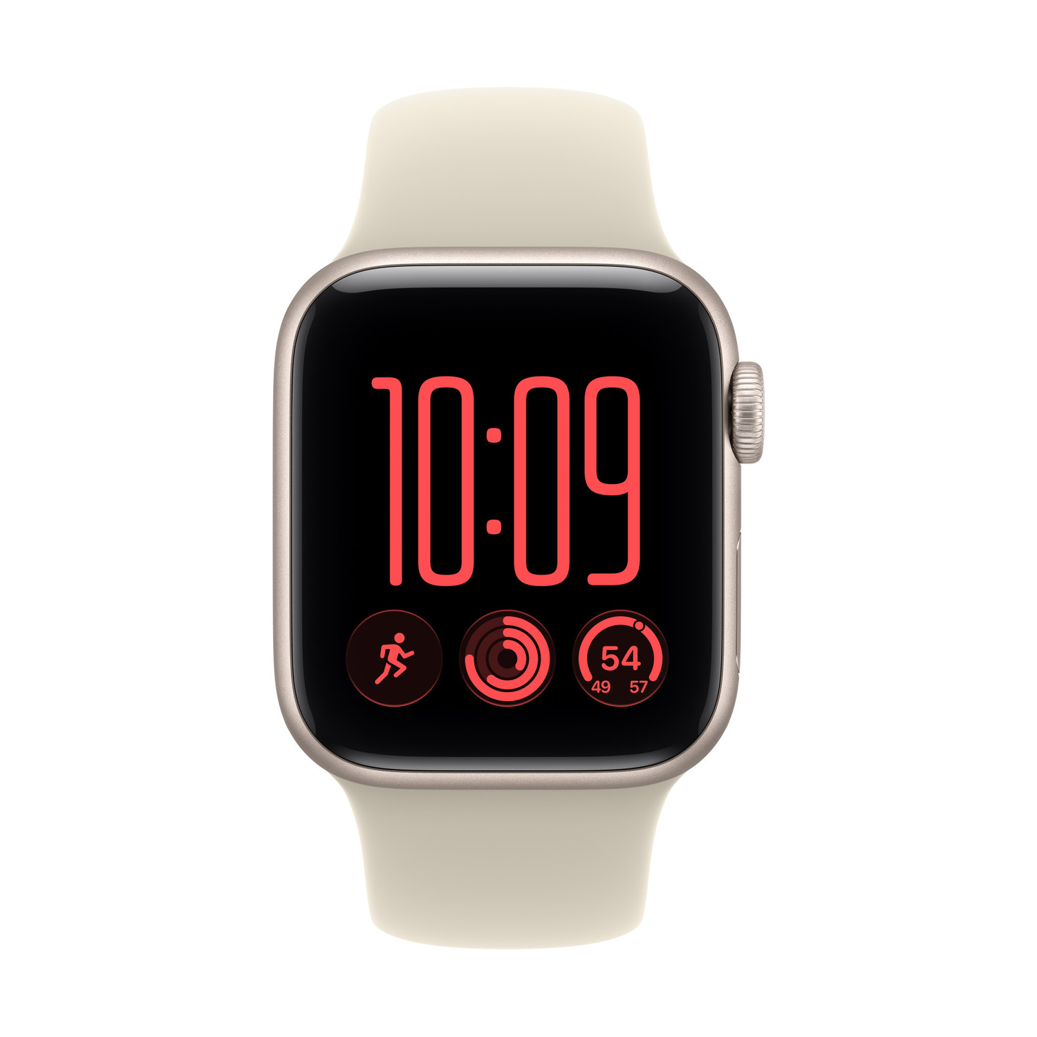 Uno smartwatch color crema con display nero, ora digitale rossa e icone di attività.