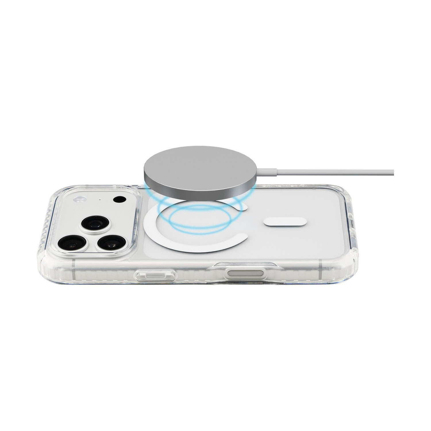 Uno smartphone in una custodia protettiva viene ricaricato in modalità wireless da un caricabatterie MagSafe argentato.