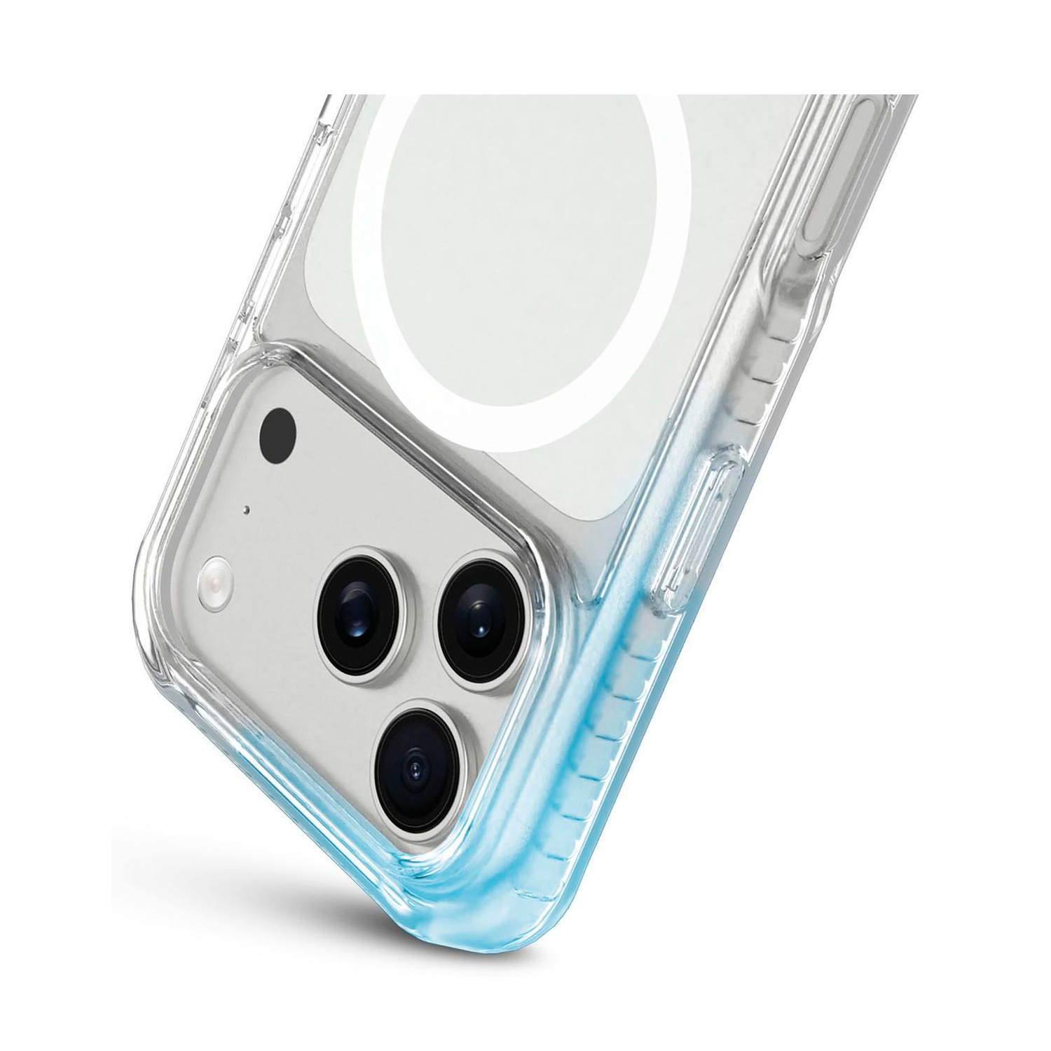 Retro di uno smartphone in una custodia trasparente con bordo blu e anello magnetico.