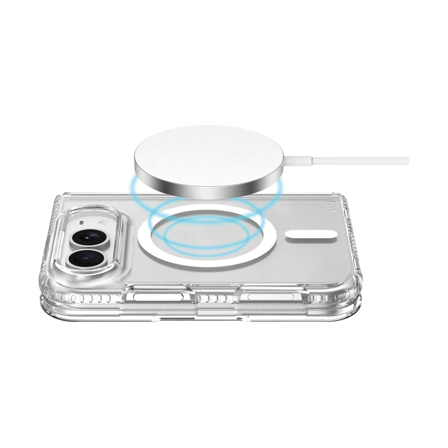 Cover trasparente per telefono con caricabatterie MagSafe fluttuante.