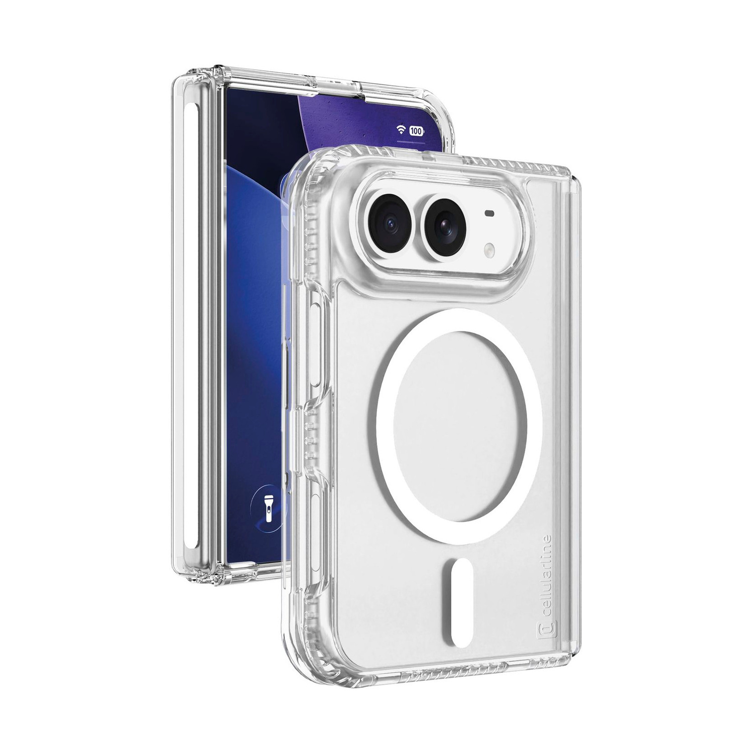 Custodia trasparente per smartphone con anello MagSafe e doppia fotocamera su sfondo bianco.