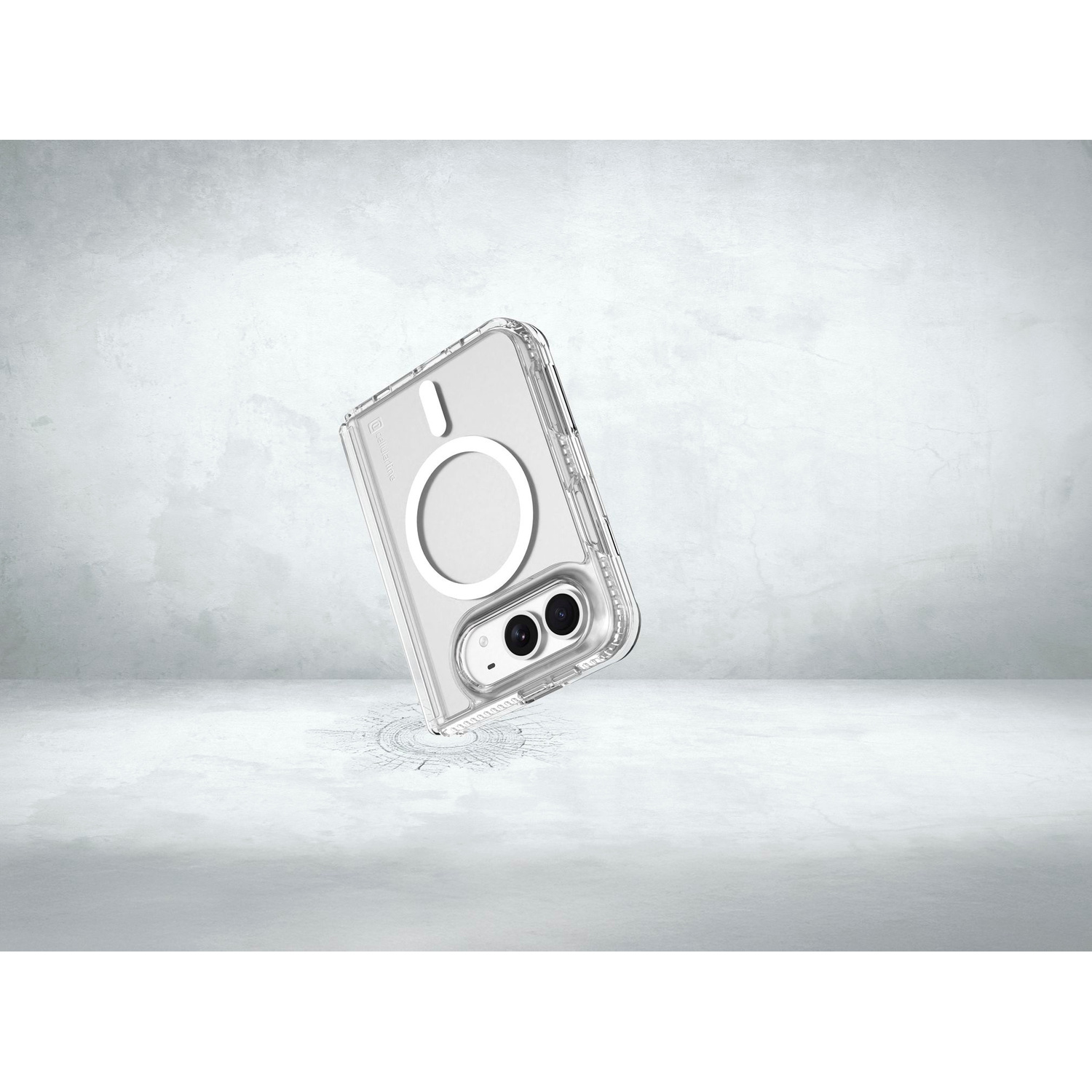 Una custodia trasparente con anello magnetico fluttua su sfondo grigio.