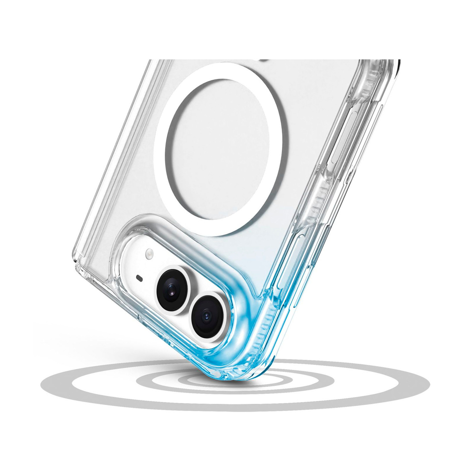 Custodia per telefono trasparente con bordo blu e anello MagSafe bianco su sfondo bianco.
