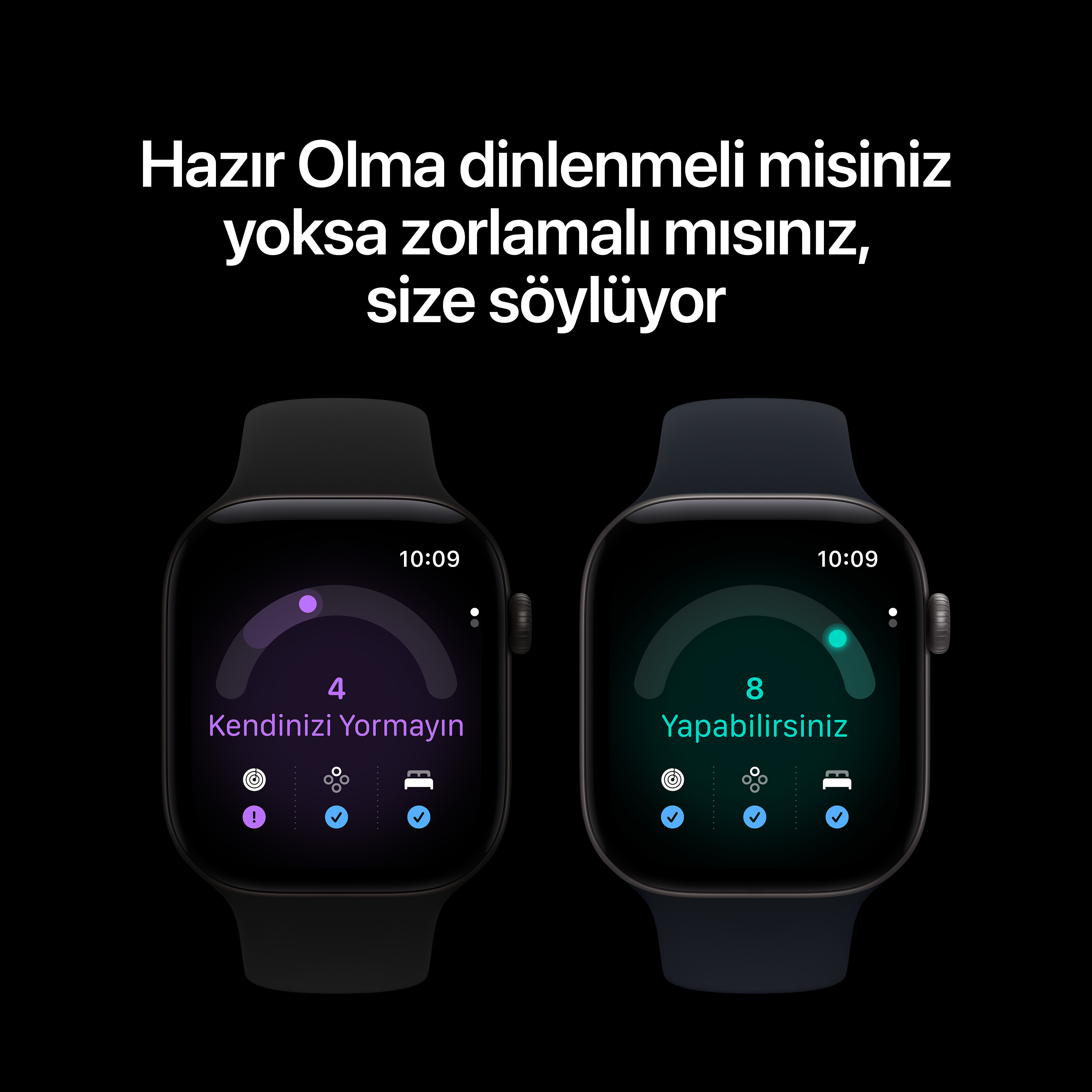 Siyah arkaplanda Türkçe yazıyla hazırlık skorlarını gösteren iki akıllı saat.
