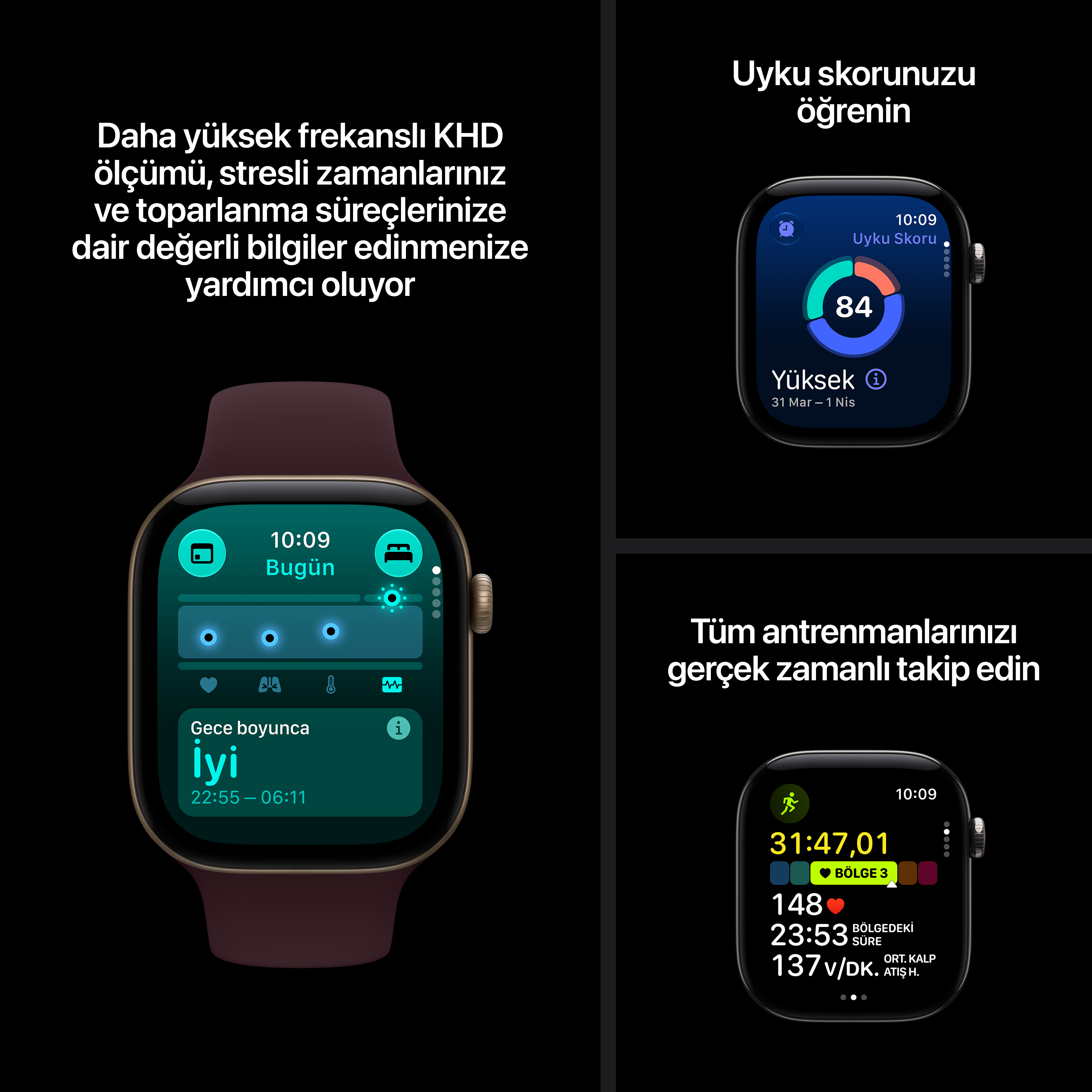 Akıllı saat ekranları, siyah arkaplanda sağlık ve fitness verilerini gösteriyor.
