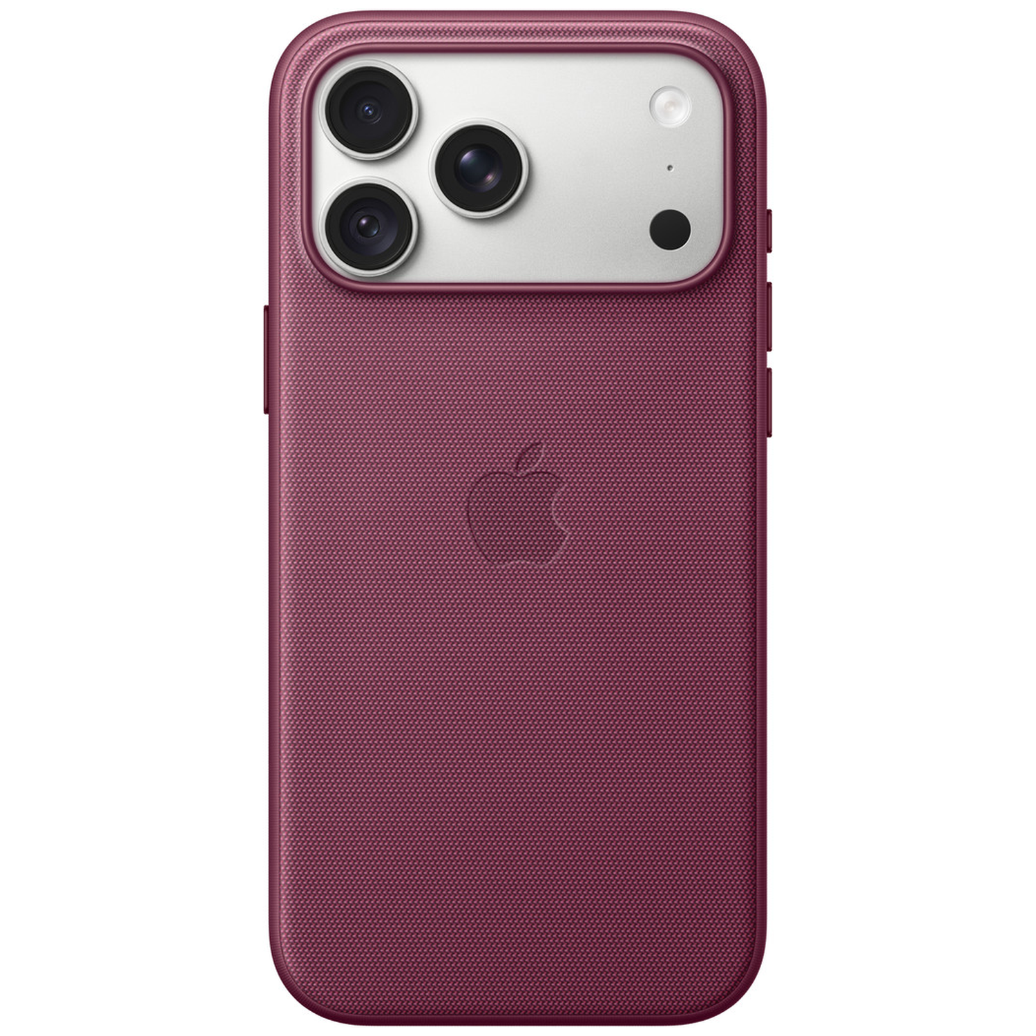 Achterkant van een rode smartphone met geweven hoesje, Apple-logo en drie camera's.