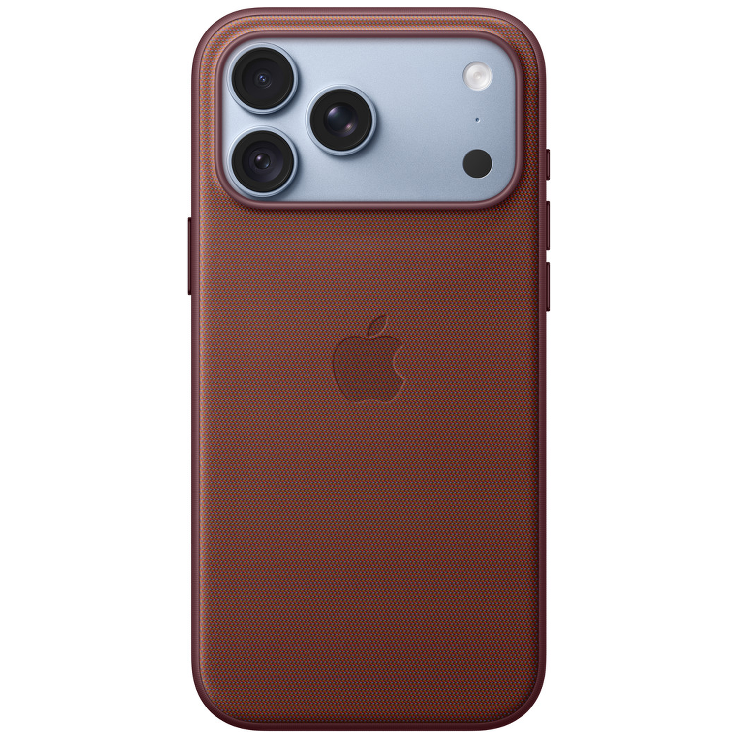 Dos d'un iPhone avec un étui en textile marron et triple caméra.