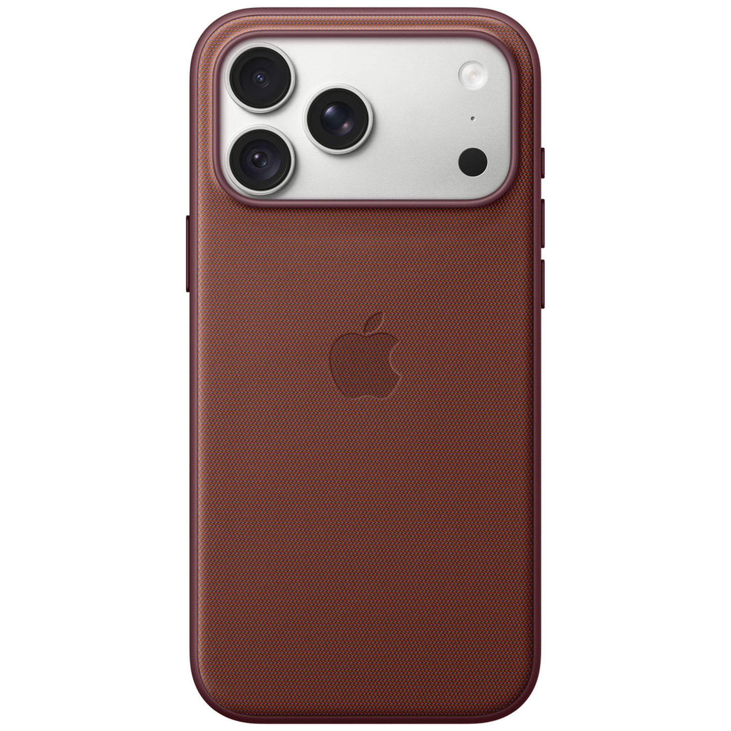 Dos d'un smartphone dans un étui textile marron avec module caméra intégré et logo Apple.