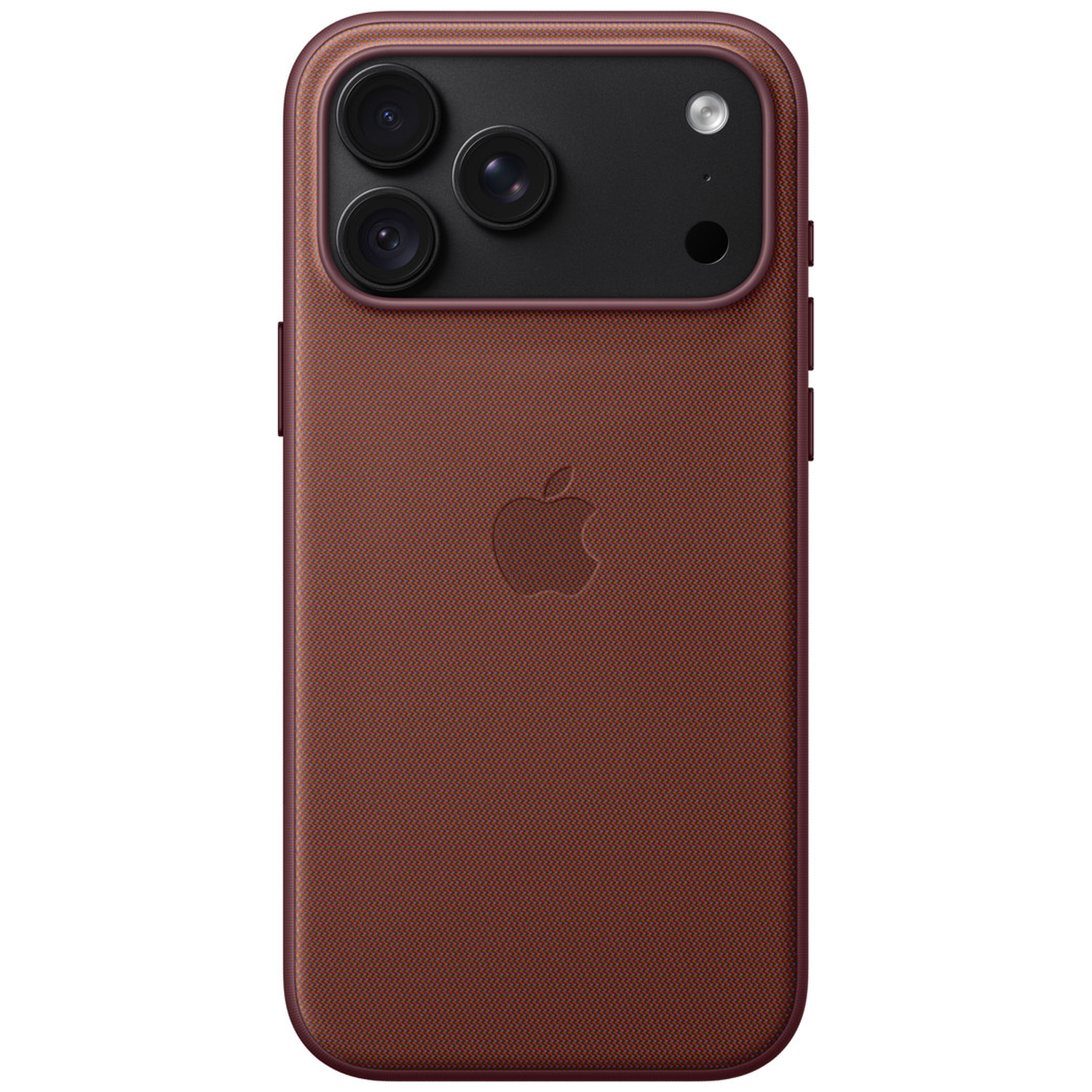 Vue arrière d'un smartphone dans une coque marron texturée avec triple capteur photo et logo Apple.