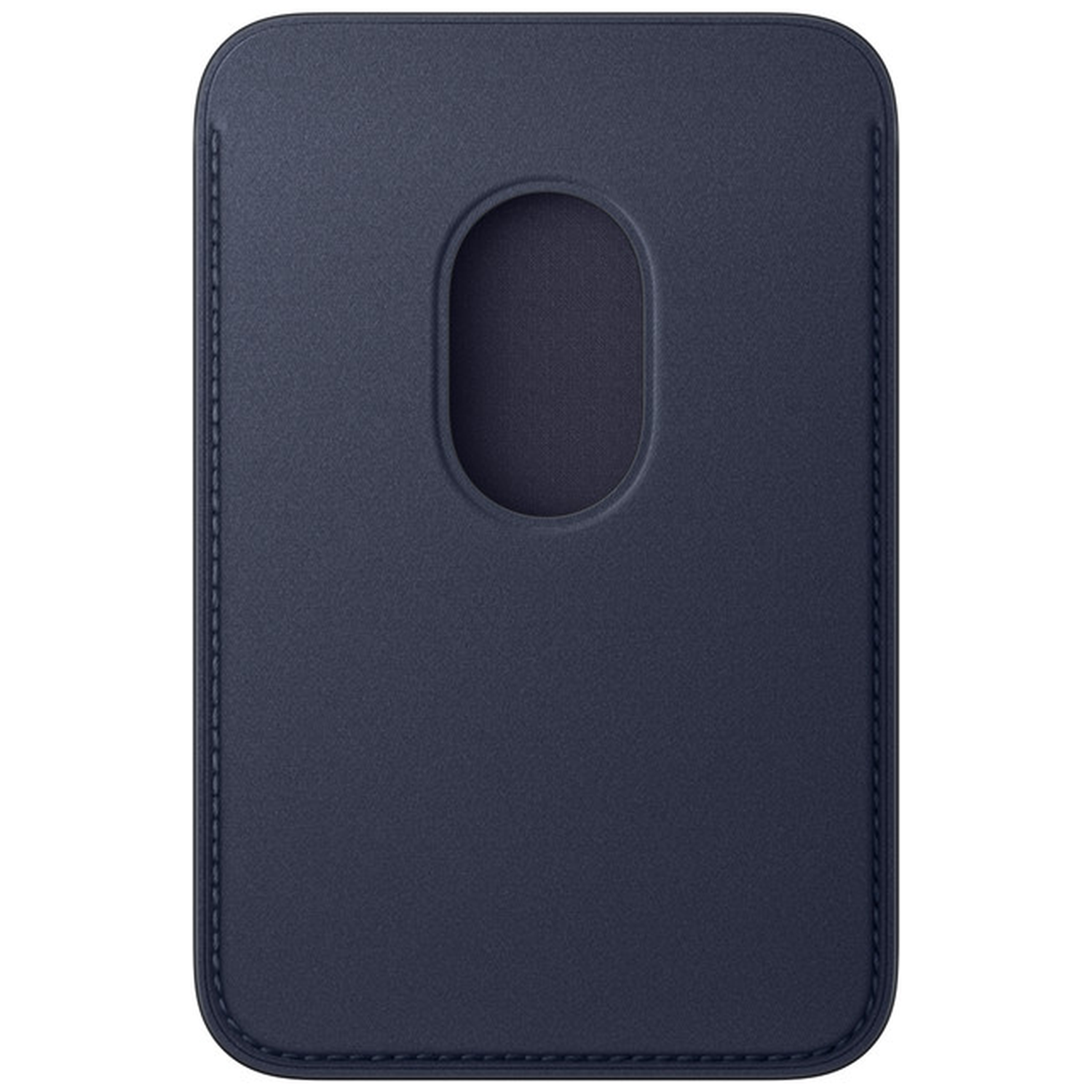 Porte-cartes pour smartphone en cuir bleu foncé avec une ouverture ovale sur fond blanc.