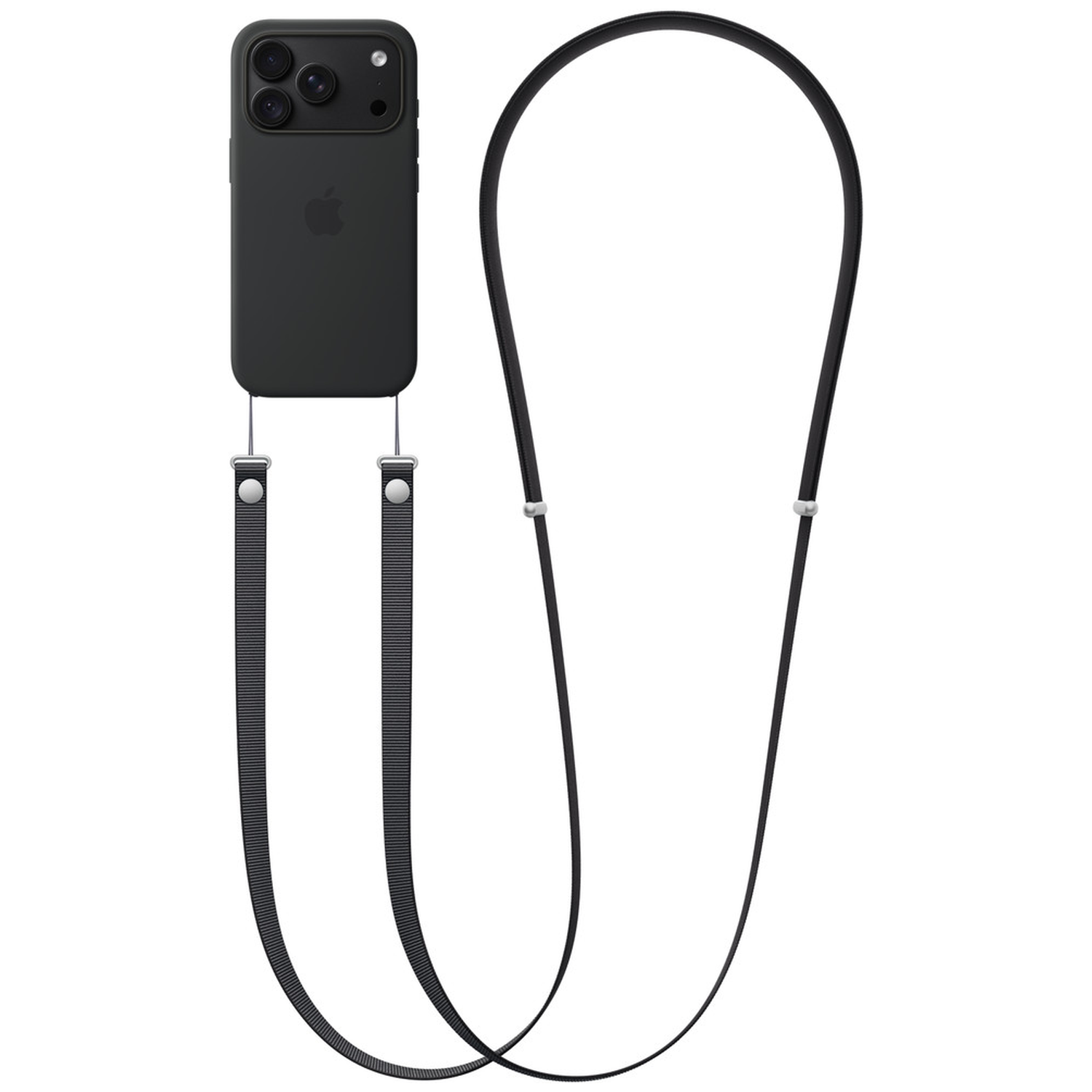 Coque d'iPhone noire avec module caméra et lanière noire longue fixée sur fond blanc.