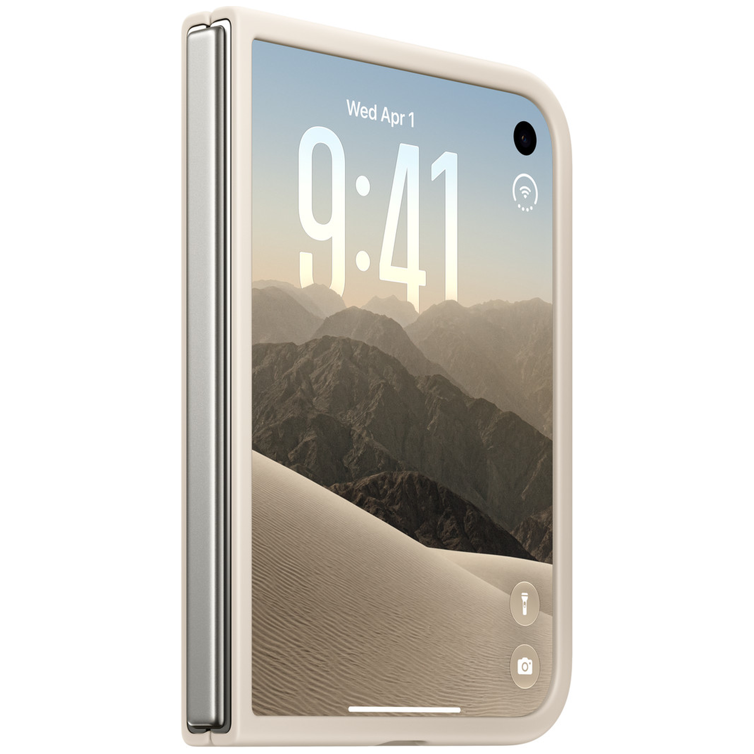 Een beige opvouwbare smartphone met een berglandschap en de tijd 9:41 op het scherm.