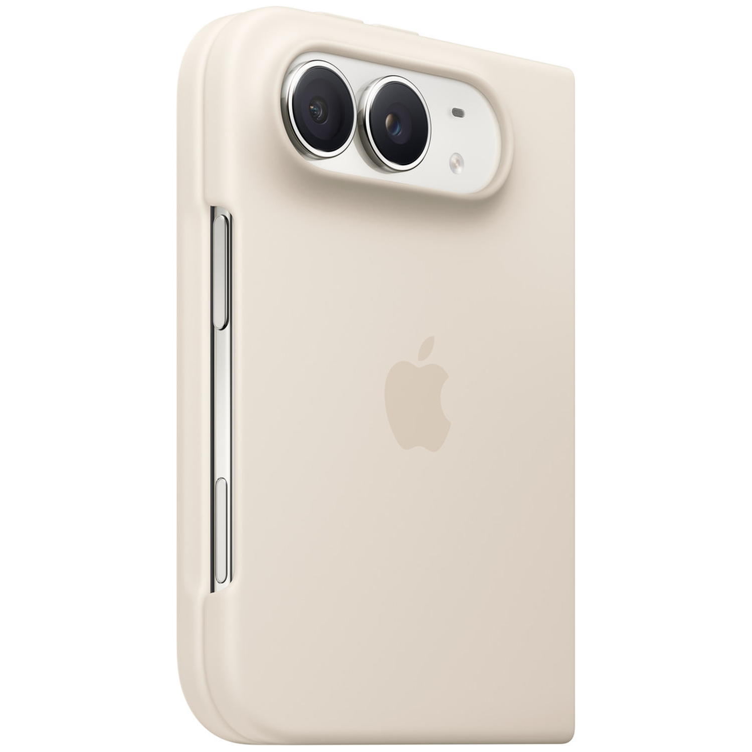 Beige iPhone hoesje met twee cameraringen en Apple logo op een witte achtergrond.