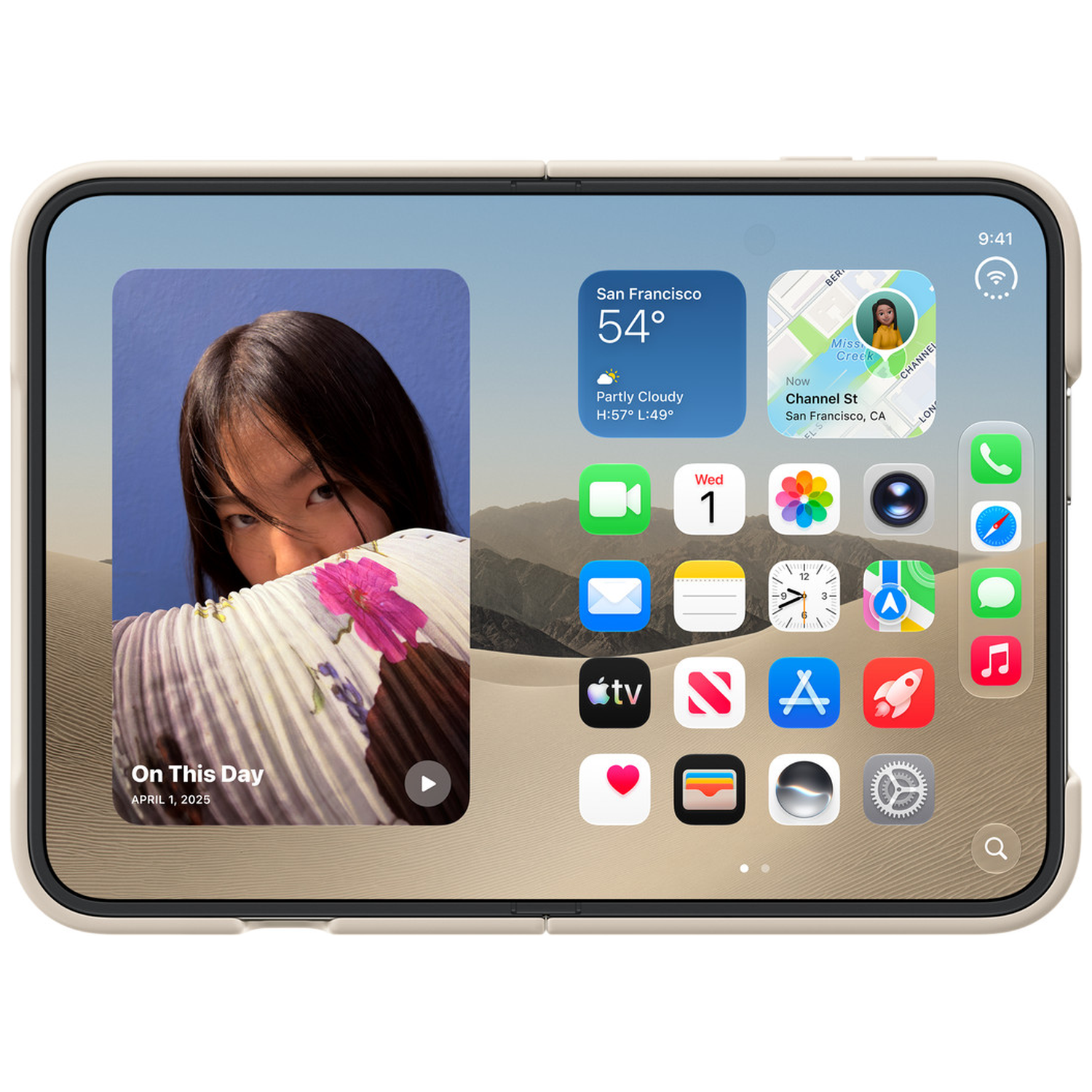 Een tablet met een foto van een persoon links en app-icoontjes, weer- en kaartwidgets op het startscherm.