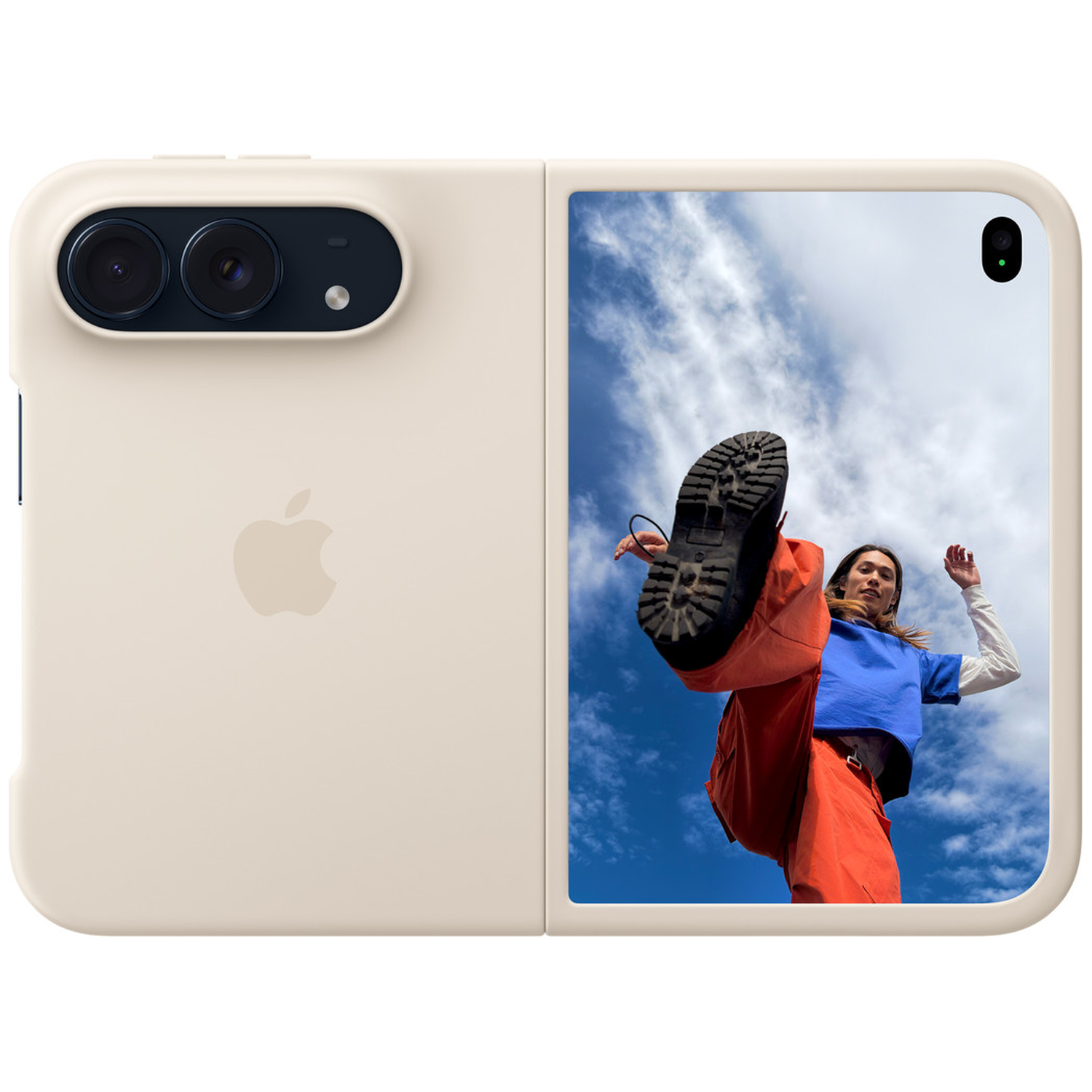 Beige opvouwbare telefoon met Apple-logo en dubbele camera; het scherm toont een springende persoon tegen een blauwe lucht.
