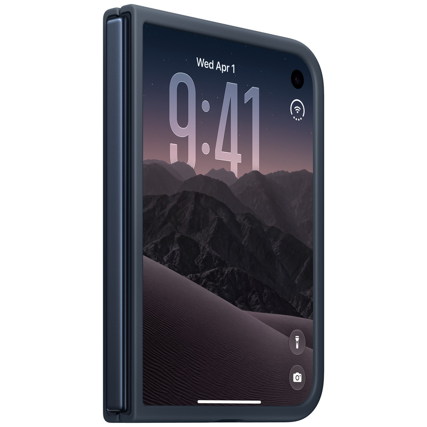 Een blauwe opvouwbare smartphone in een hoesje toont het vergrendelscherm met bergen.