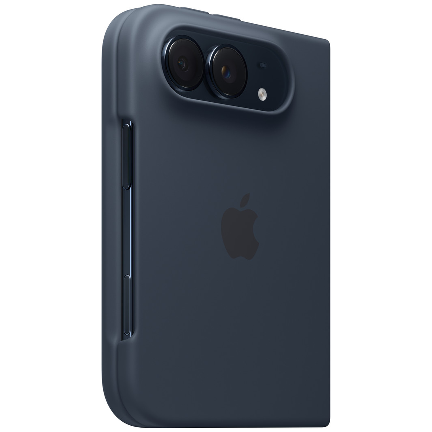 Donkerblauwe beschermhoes voor smartphone met Apple-logo en een horizontale camera-uitsparing.