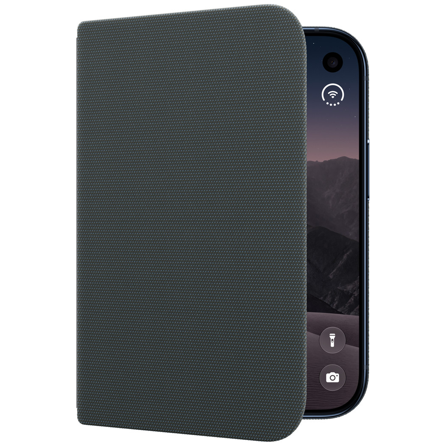 Un étui portefeuille de smartphone en tissu gris foncé, avec une partie de l'écran visible à droite.
