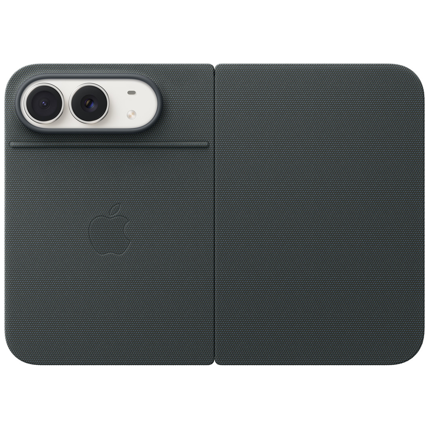 Un étui folio tissé gris foncé pour téléphone pliable, avec double module photo et logo Apple.