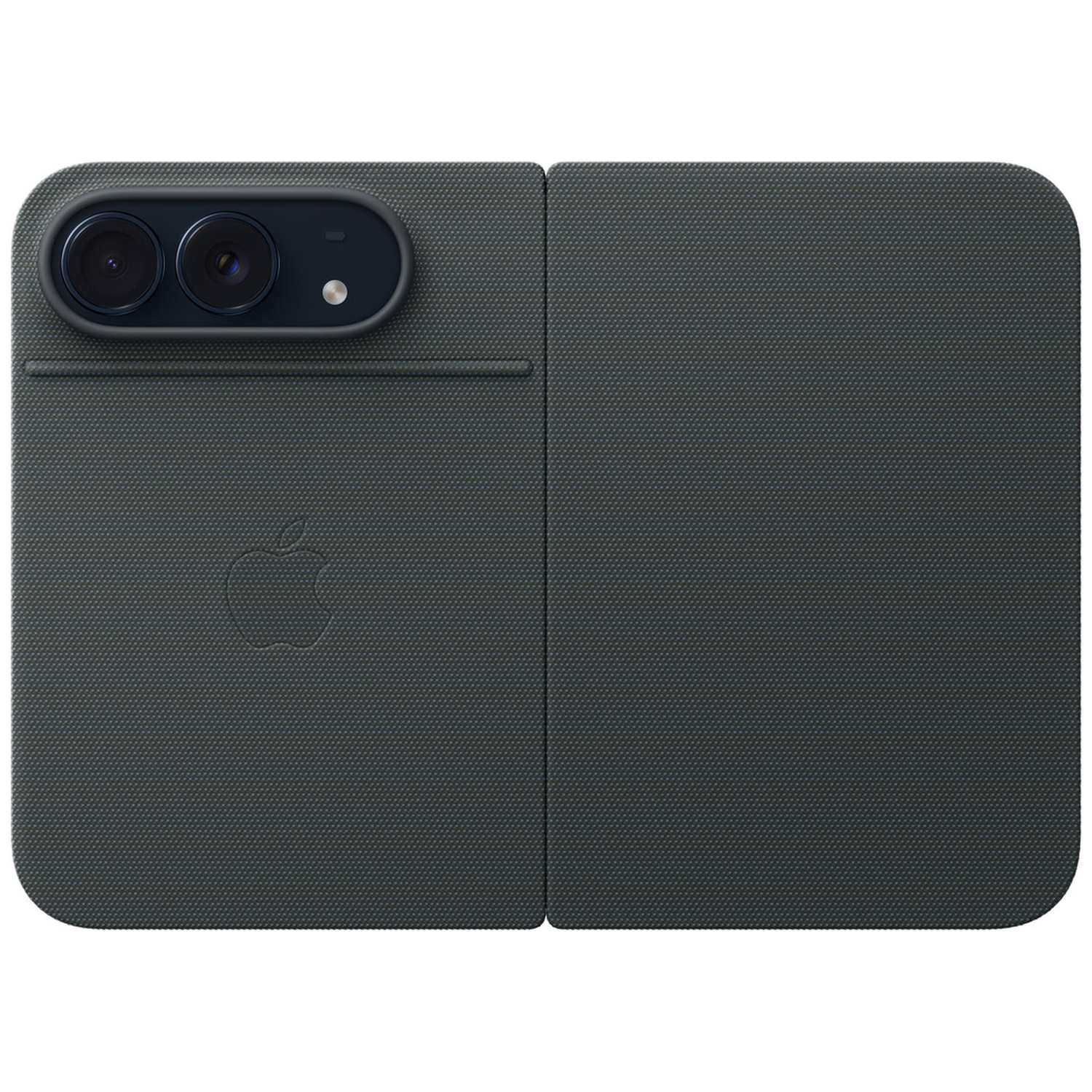 Étui gris foncé plié à finition texturée, doté d'un module photo et du logo Apple.