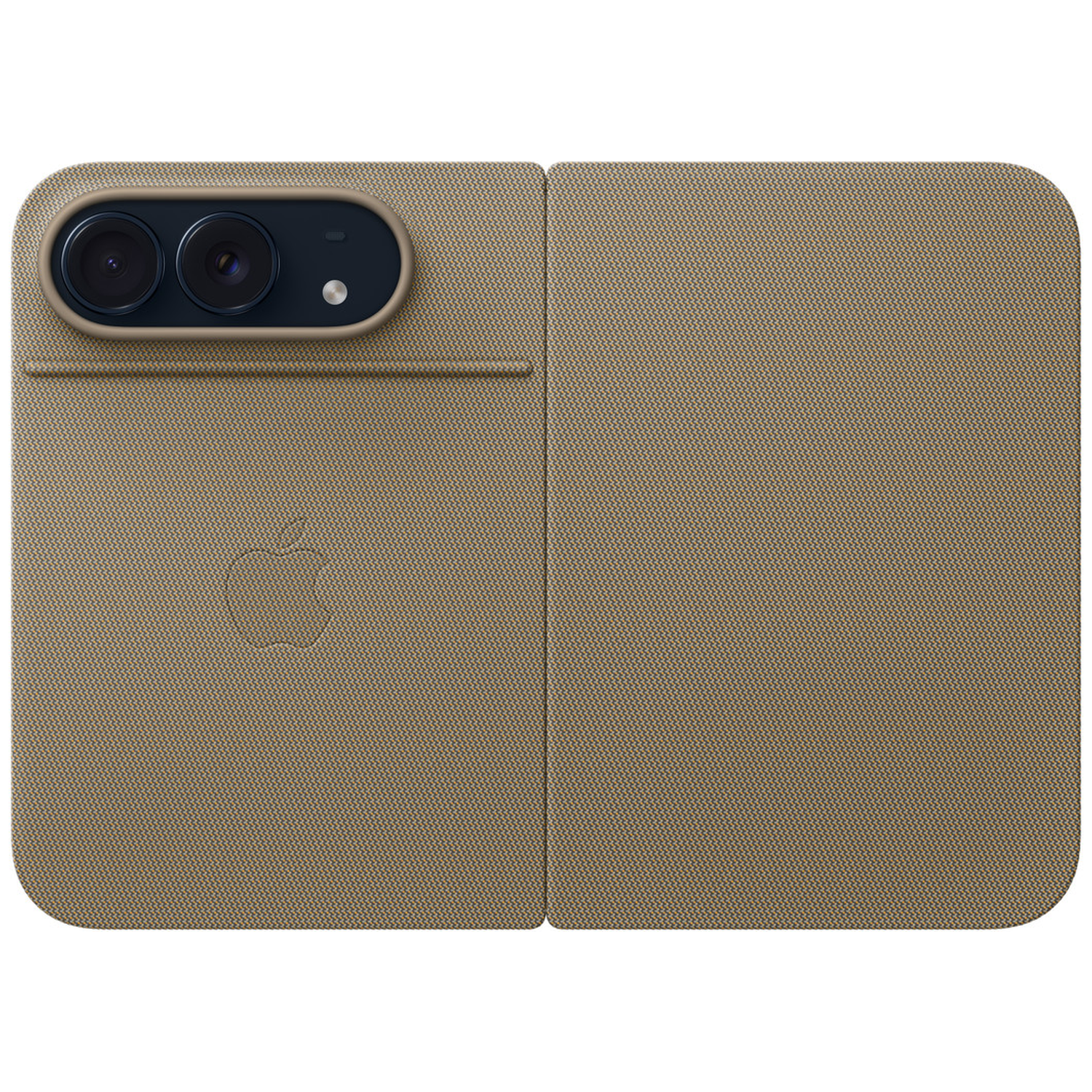 Coque pour iPhone en tissu tissé beige avec double capteur photo et logo Apple gravé.