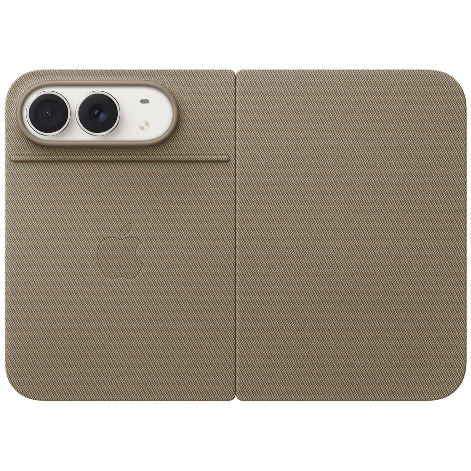 Coque de smartphone en tissu beige avec deux caméras en haut à gauche et logo Apple au centre.