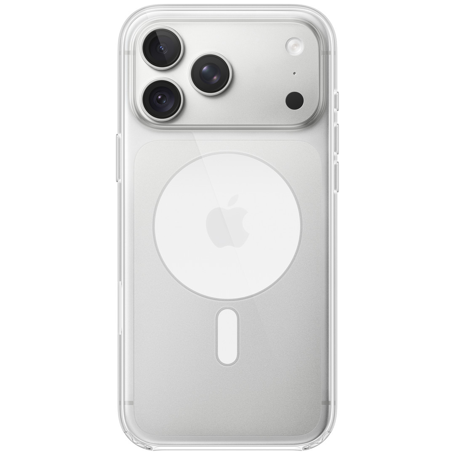 Dos d'un smartphone dans une coque transparente avec trois caméras, un flash et le logo Apple.