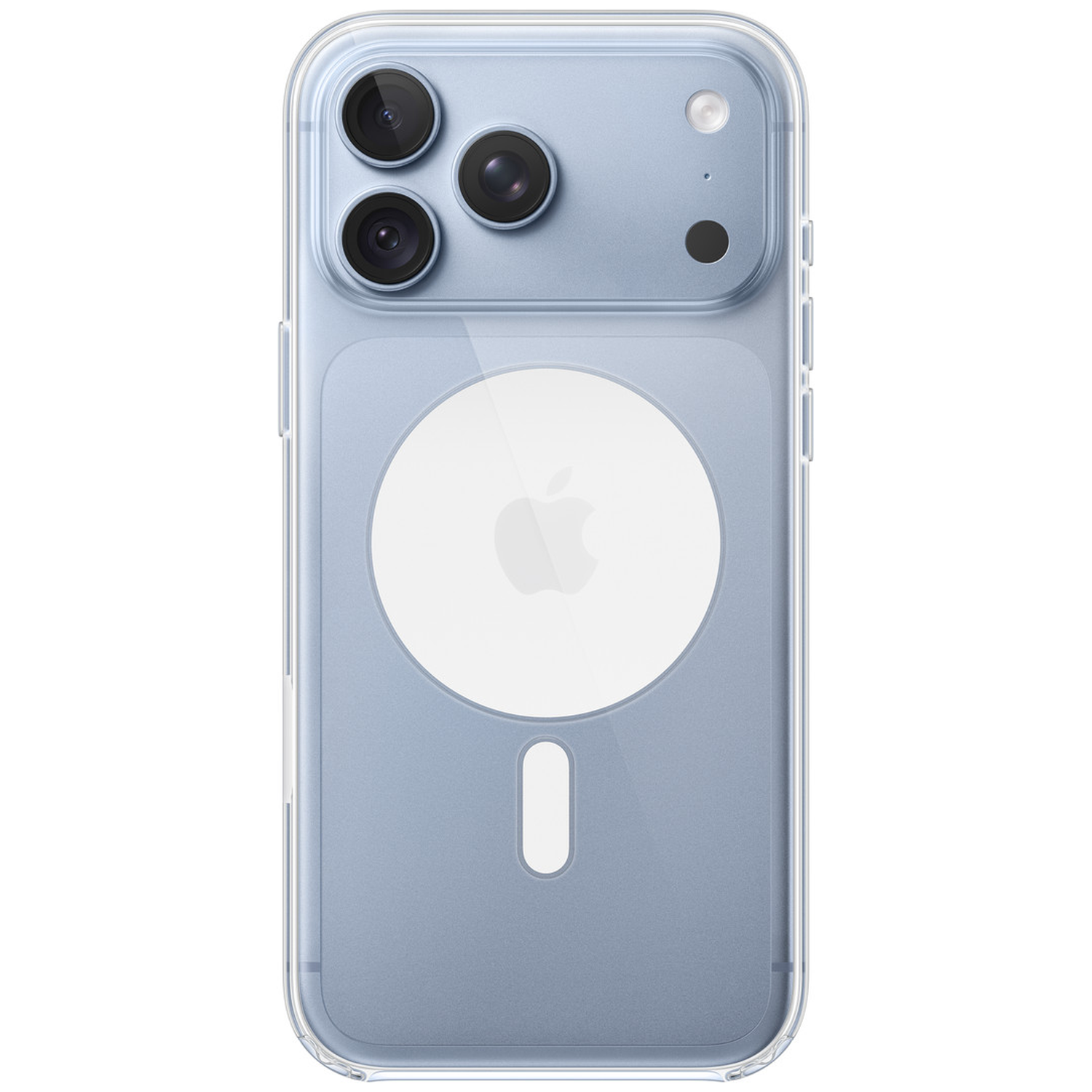 Dos d'un iPhone bleu clair avec un triple appareil photo et le logo MagSafe dans une coque transparente.