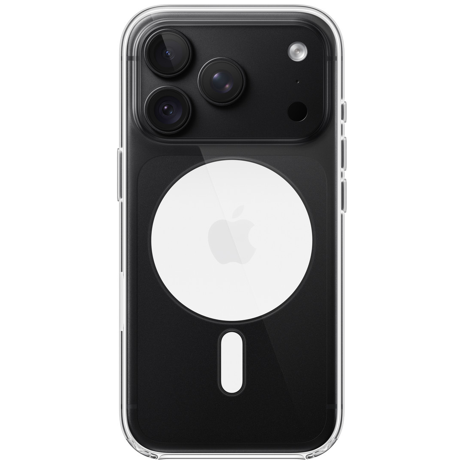 Dos d'un iPhone noir avec coque MagSafe transparente et logo Apple.