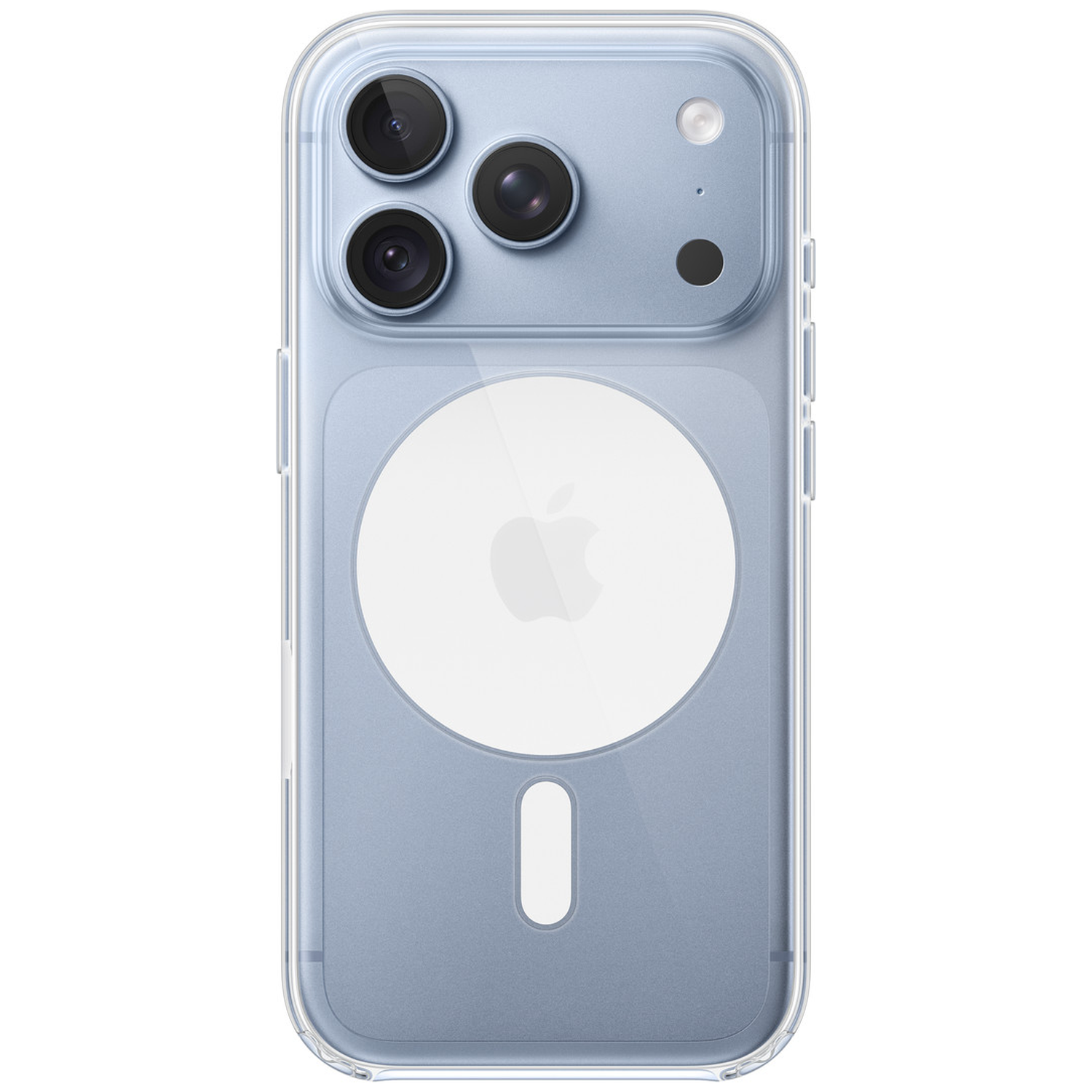 Dos d'un smartphone bleu clair dans une coque de protection transparente avec marquage circulaire MagSafe.