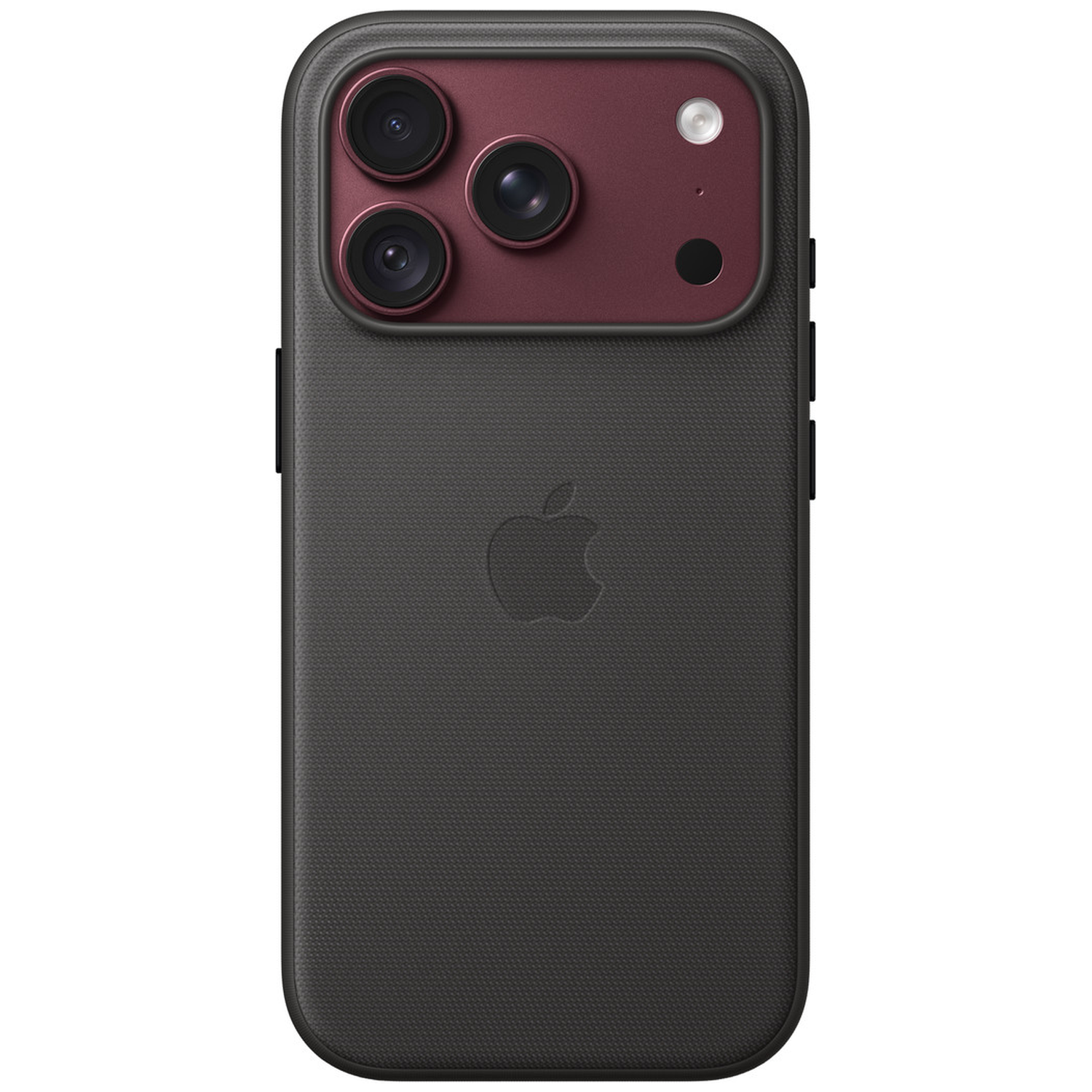 Dos d'une coque d'iPhone gris foncé avec un bloc photo bordeaux à trois objectifs, un flash et un logo.