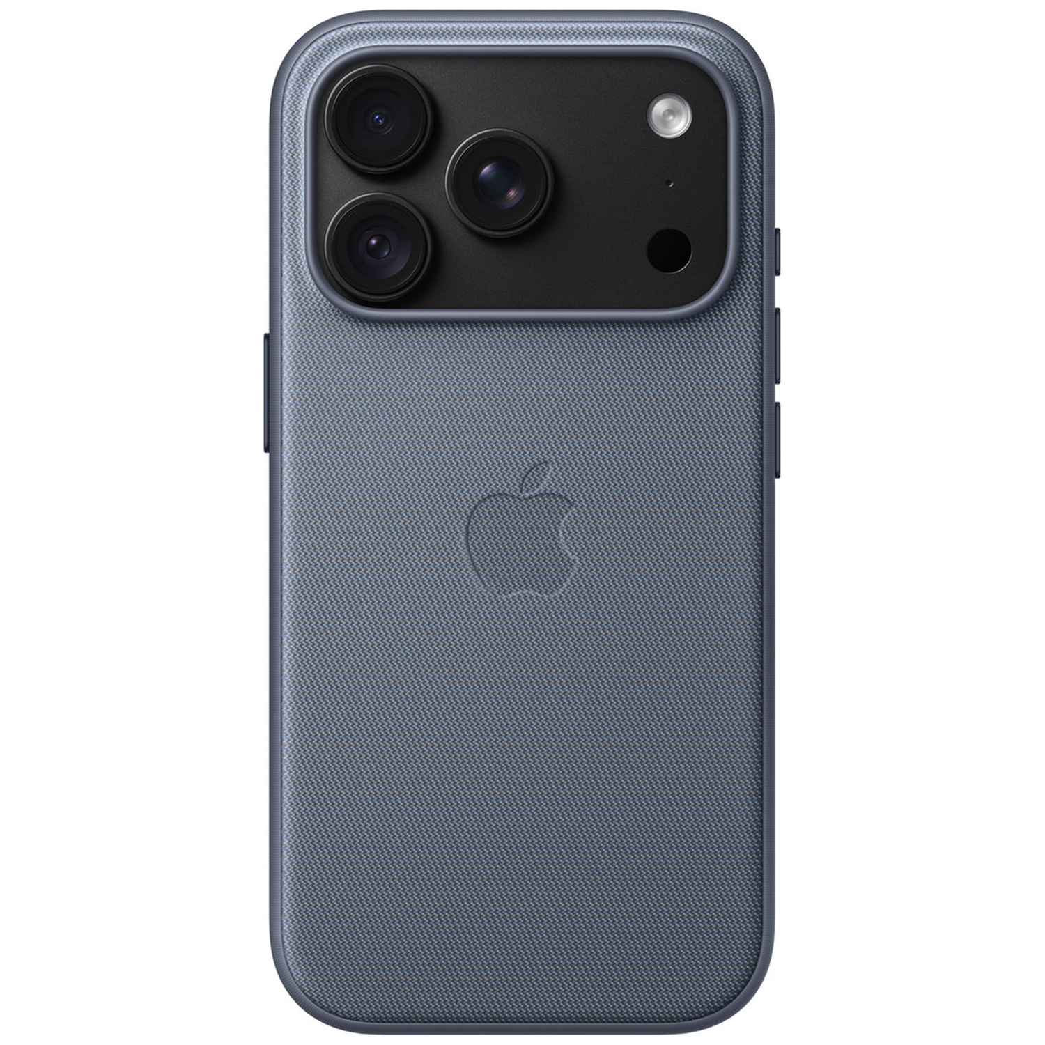 Arrière d'un smartphone dans une coque bleue avec triple capteur photo et logo Apple.