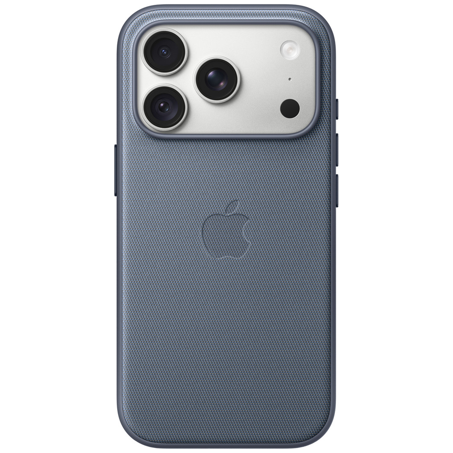 Coque iPhone bleue avec module caméra intégré et logo Apple.